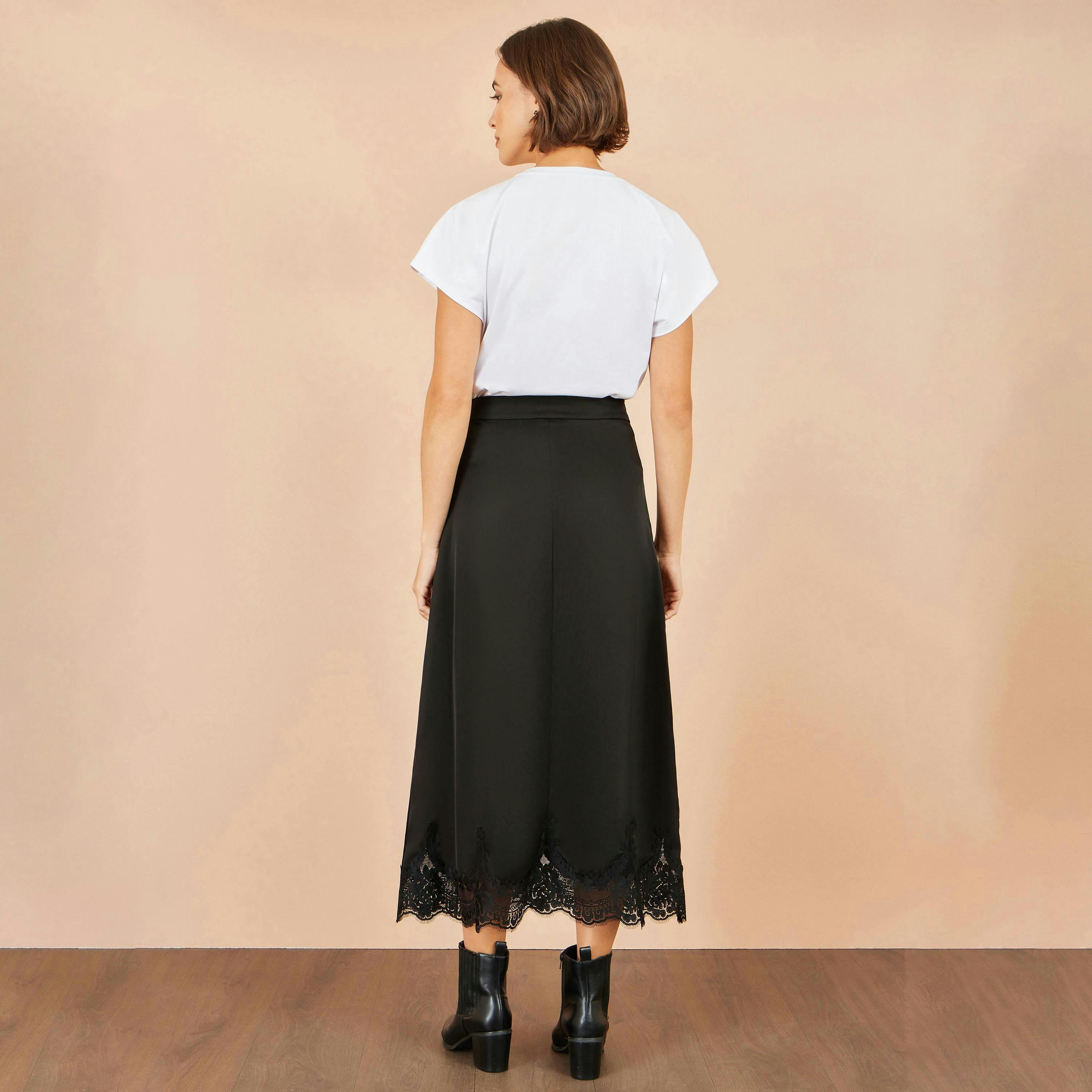 Yumi Black Satin Midi Skirt With Lace Trims , view 4 of 4