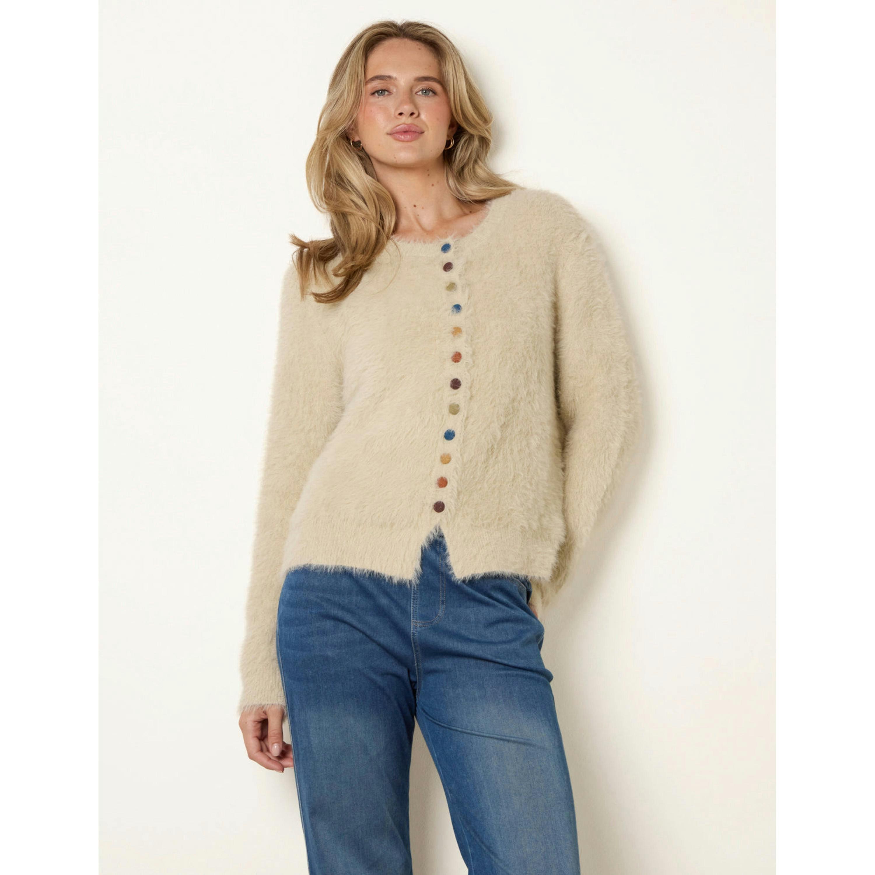 Blue Vanilla Cardigan With Multicolour Button  in Beige , view 1 of 4