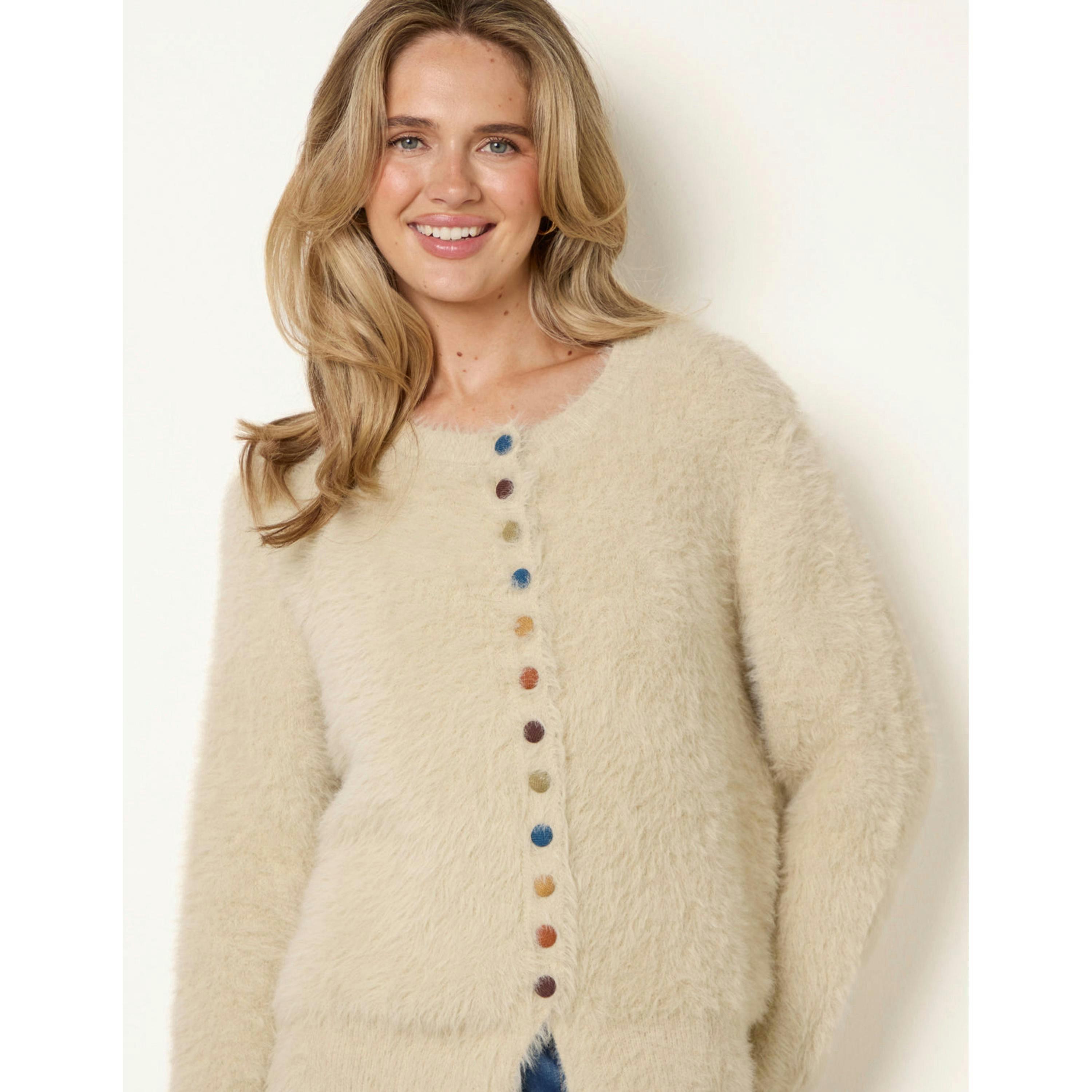 Blue Vanilla Cardigan With Multicolour Button  in Beige , view 3 of 4