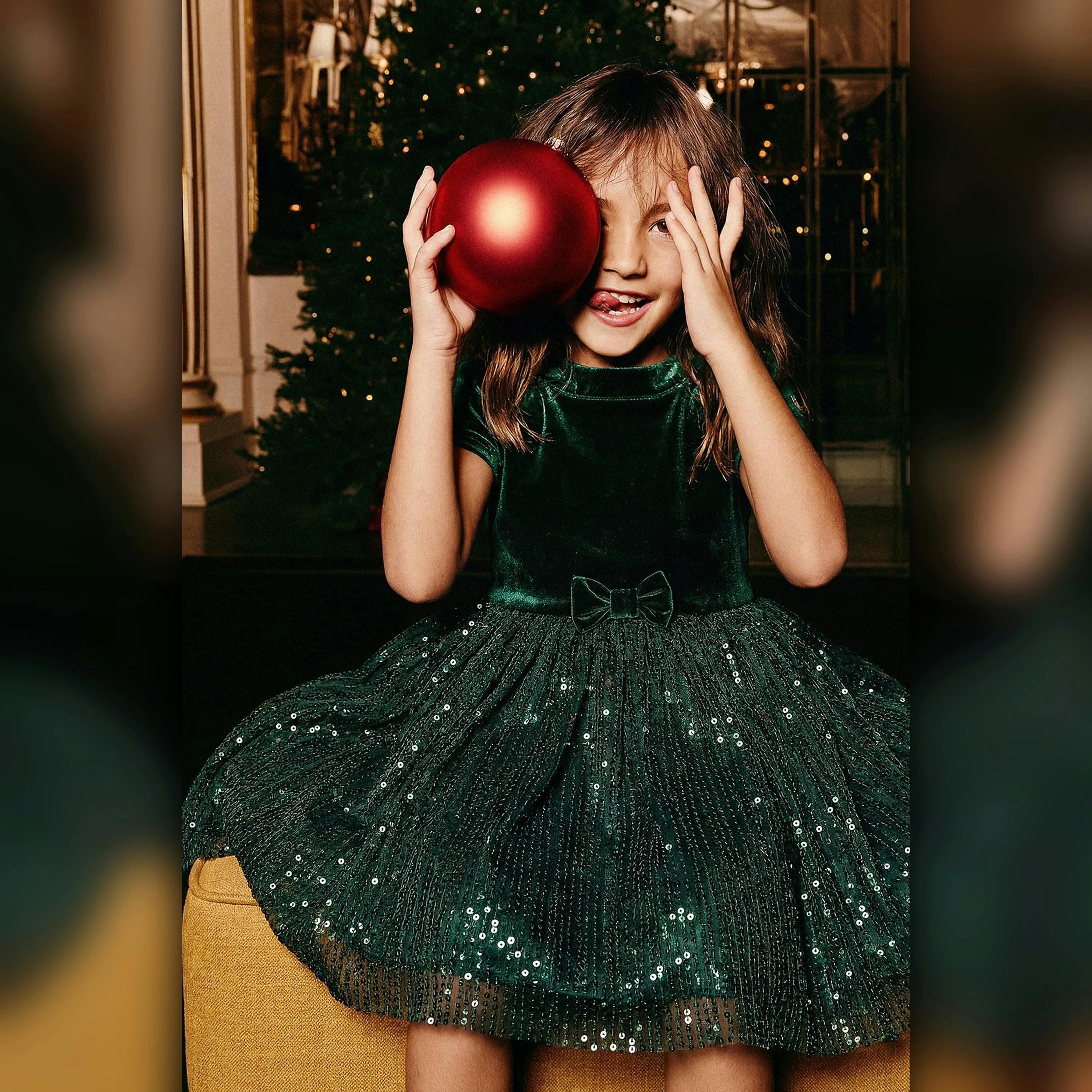 Bi-Material Short Sleeve Dress With Glittering Skirt Green Forest , view 2 of 6