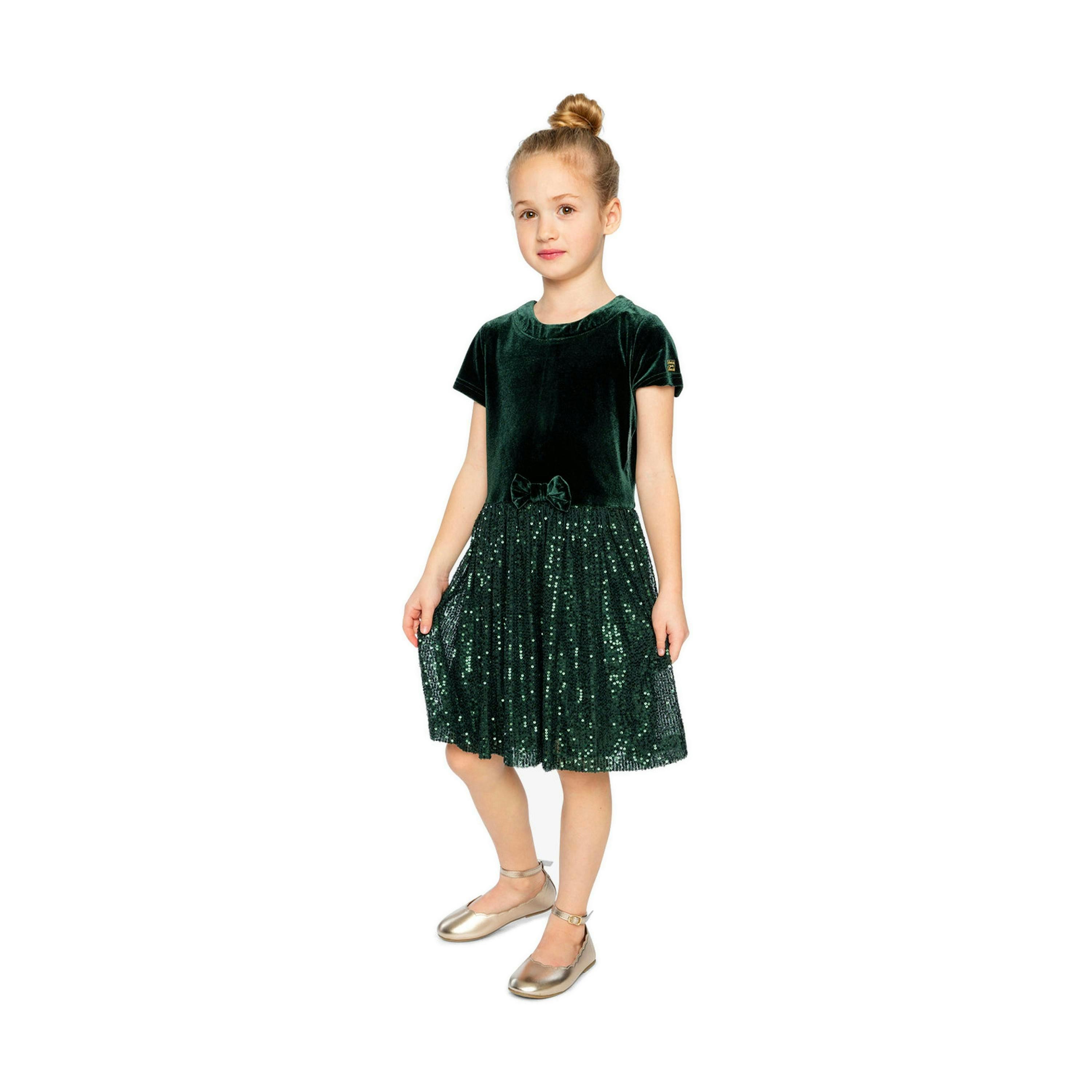Bi-Material Short Sleeve Dress With Glittering Skirt Green Forest , view 3 of 6