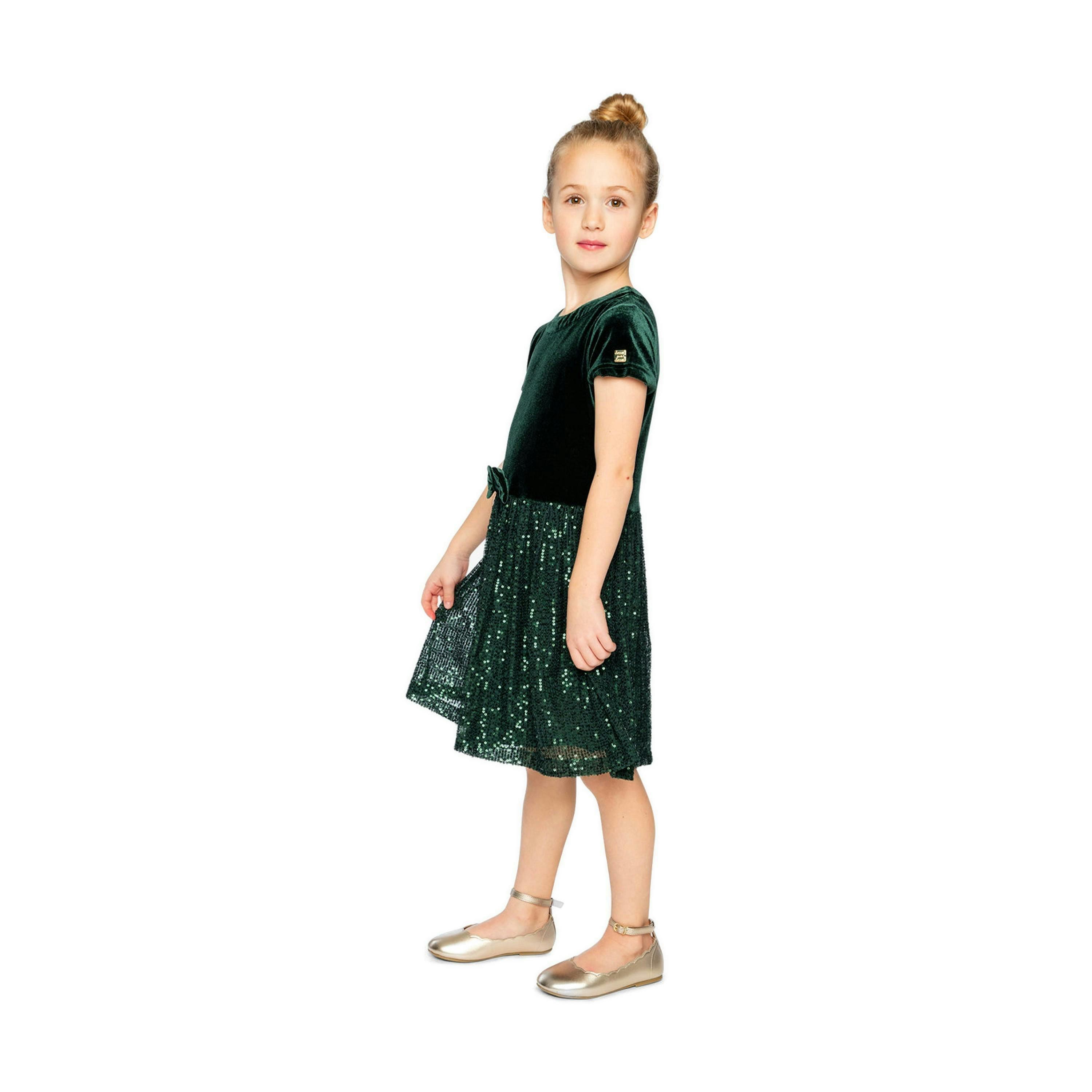 Bi-Material Short Sleeve Dress With Glittering Skirt Green Forest , view 4 of 6