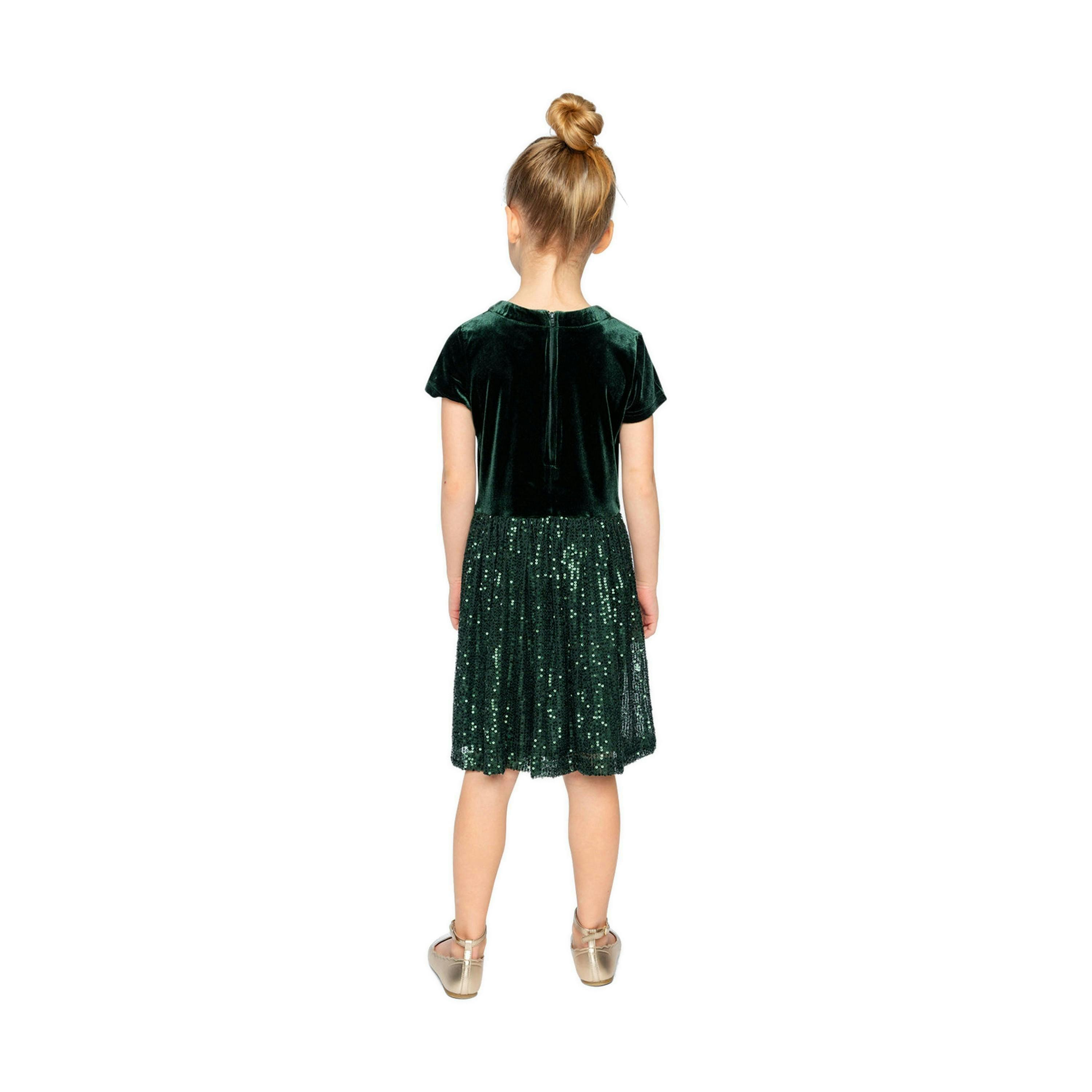 Bi-Material Short Sleeve Dress With Glittering Skirt Green Forest , view 5 of 6