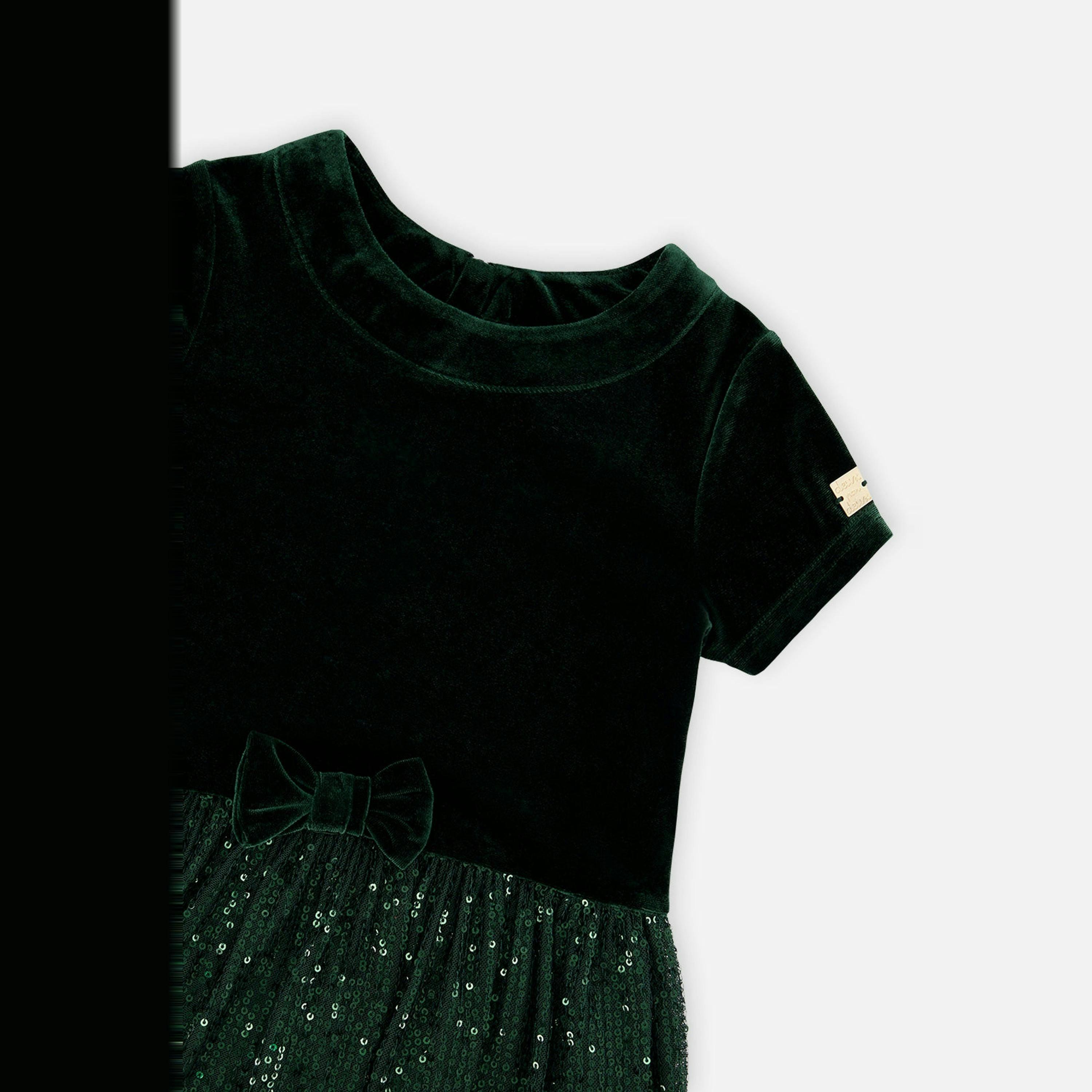 Bi-Material Short Sleeve Dress With Glittering Skirt Green Forest , view 6 of 6