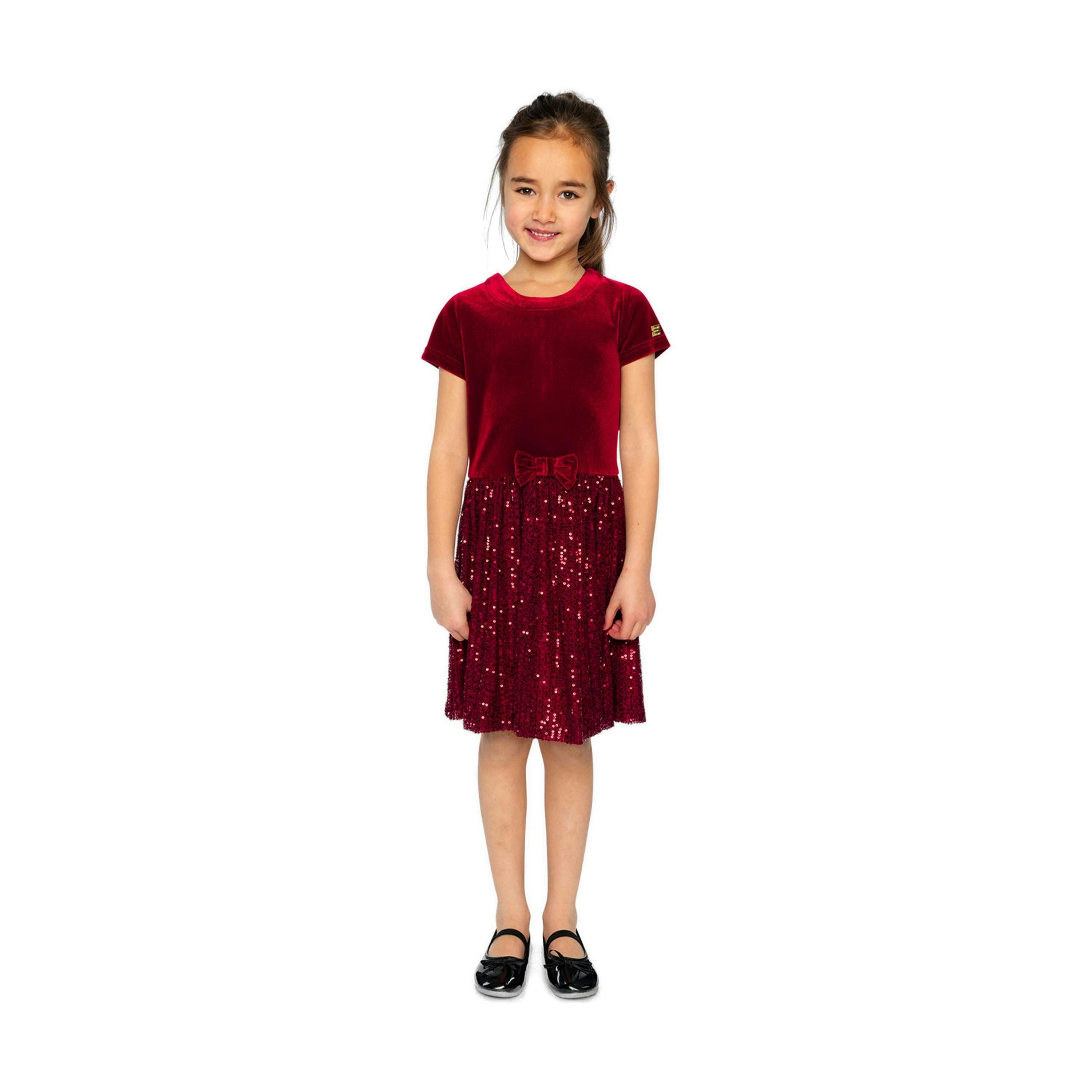 Bi-Material Short Sleeve Dress With Glittering Skirt Red , view 2 of 4