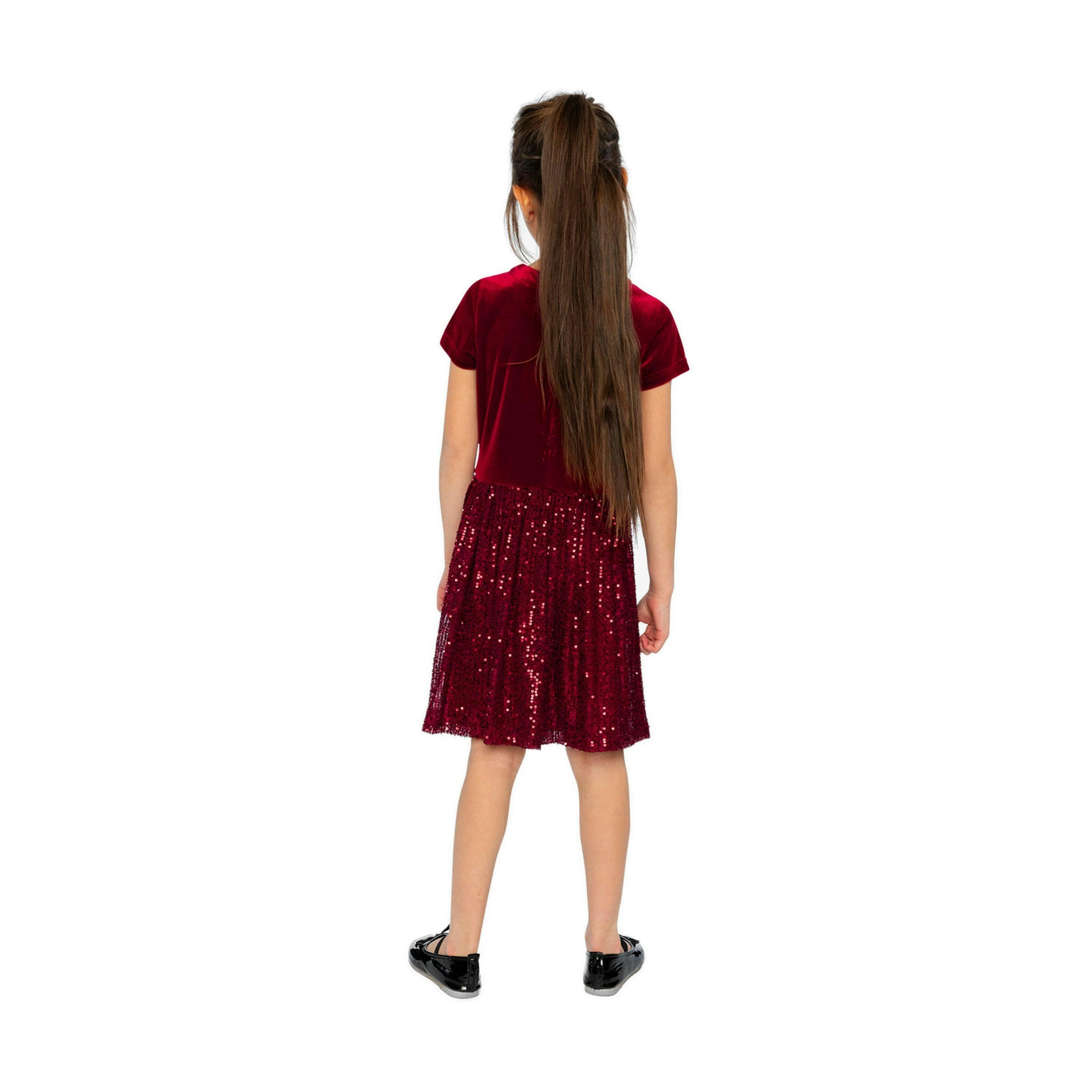 Bi-Material Short Sleeve Dress With Glittering Skirt Red , view 3 of 4