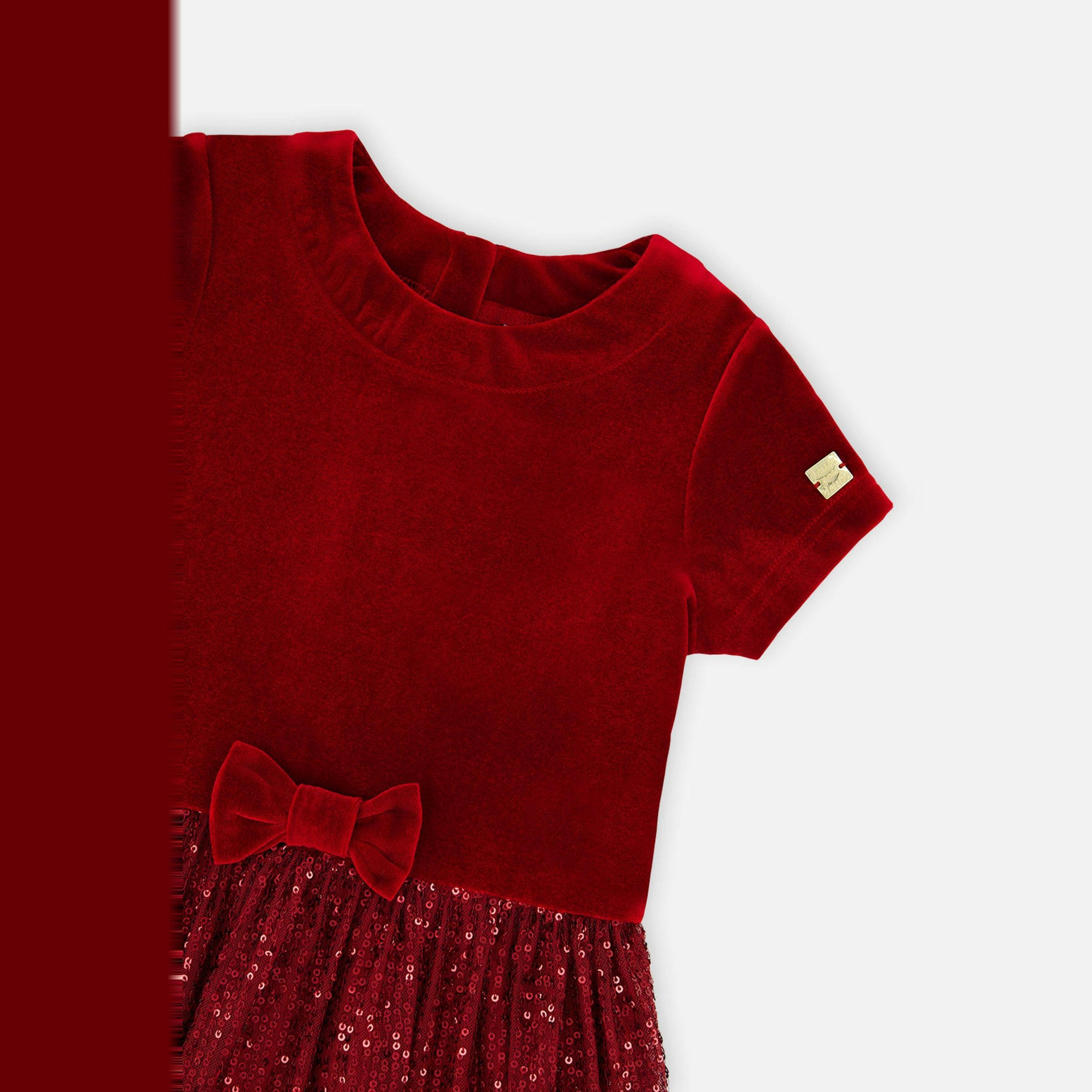 Bi-Material Short Sleeve Dress With Glittering Skirt Red , view 4 of 4