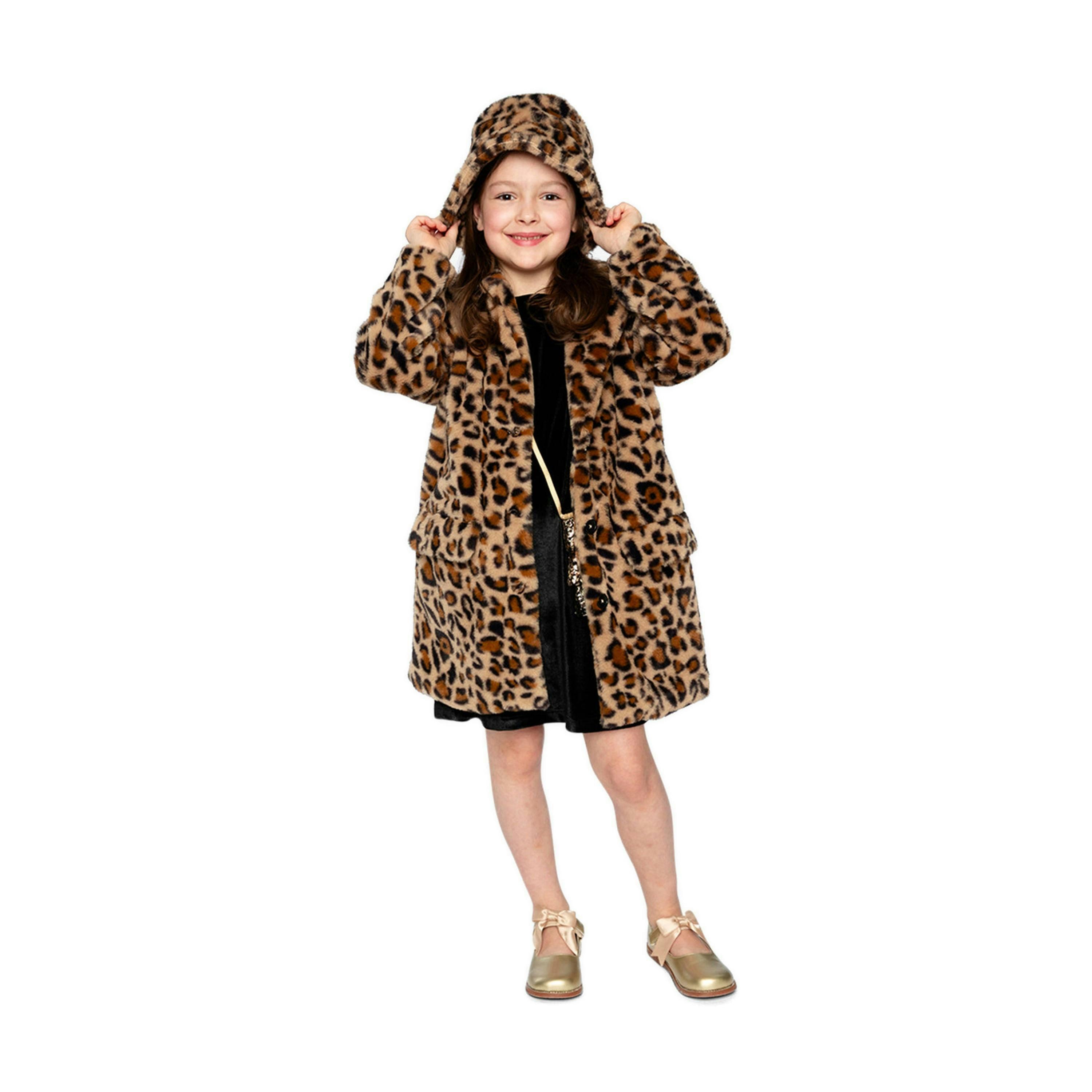 Faux Fur Long Coat Brown Leopard Print , view 2 of 5