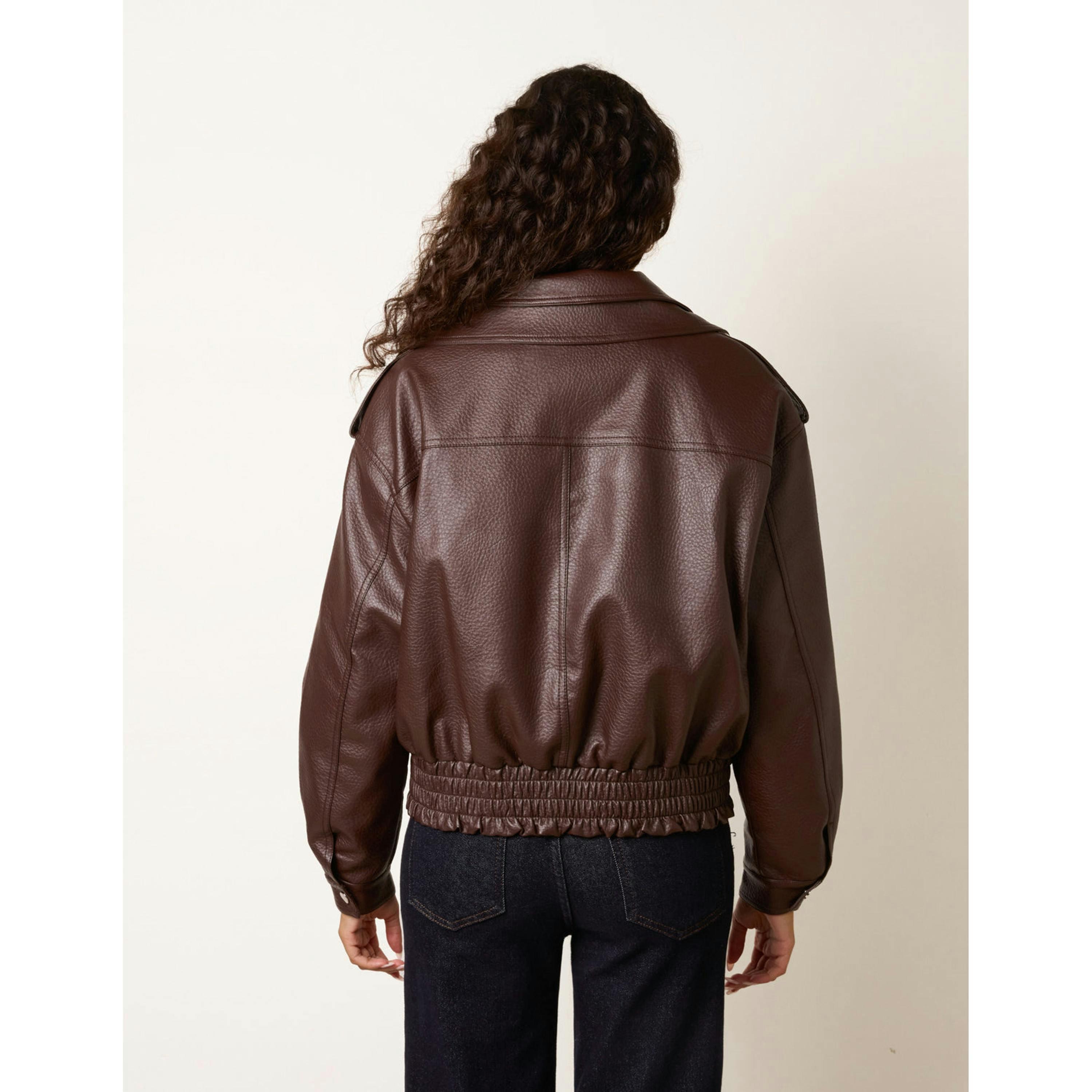 Blue Vanilla Double Zip Oversized Faux Leather Jacket  in Brown , view 2 of 4