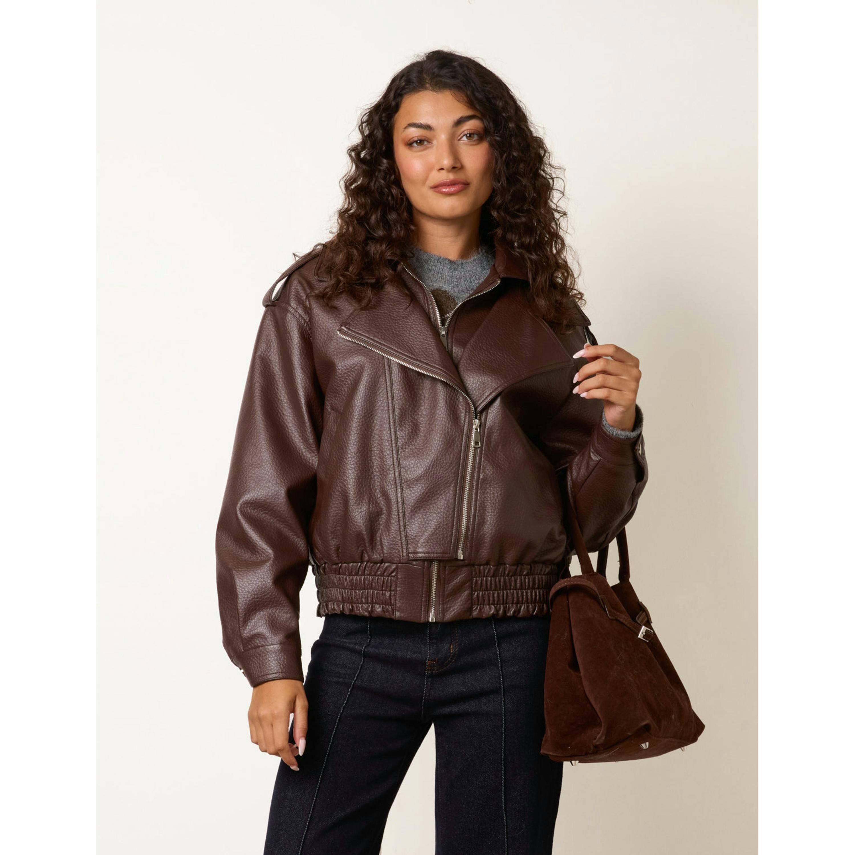 Blue Vanilla Double Zip Oversized Faux Leather Jacket  in Brown , view 3 of 4