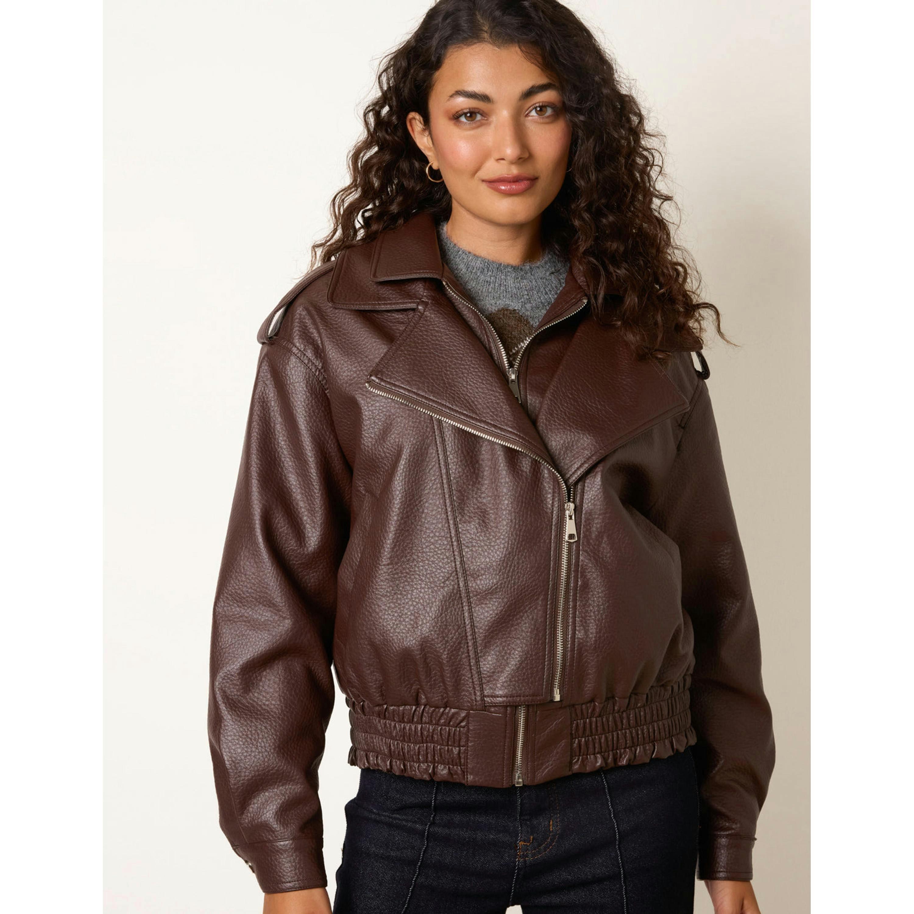 Blue Vanilla Double Zip Oversized Faux Leather Jacket  in Brown , view 4 of 4