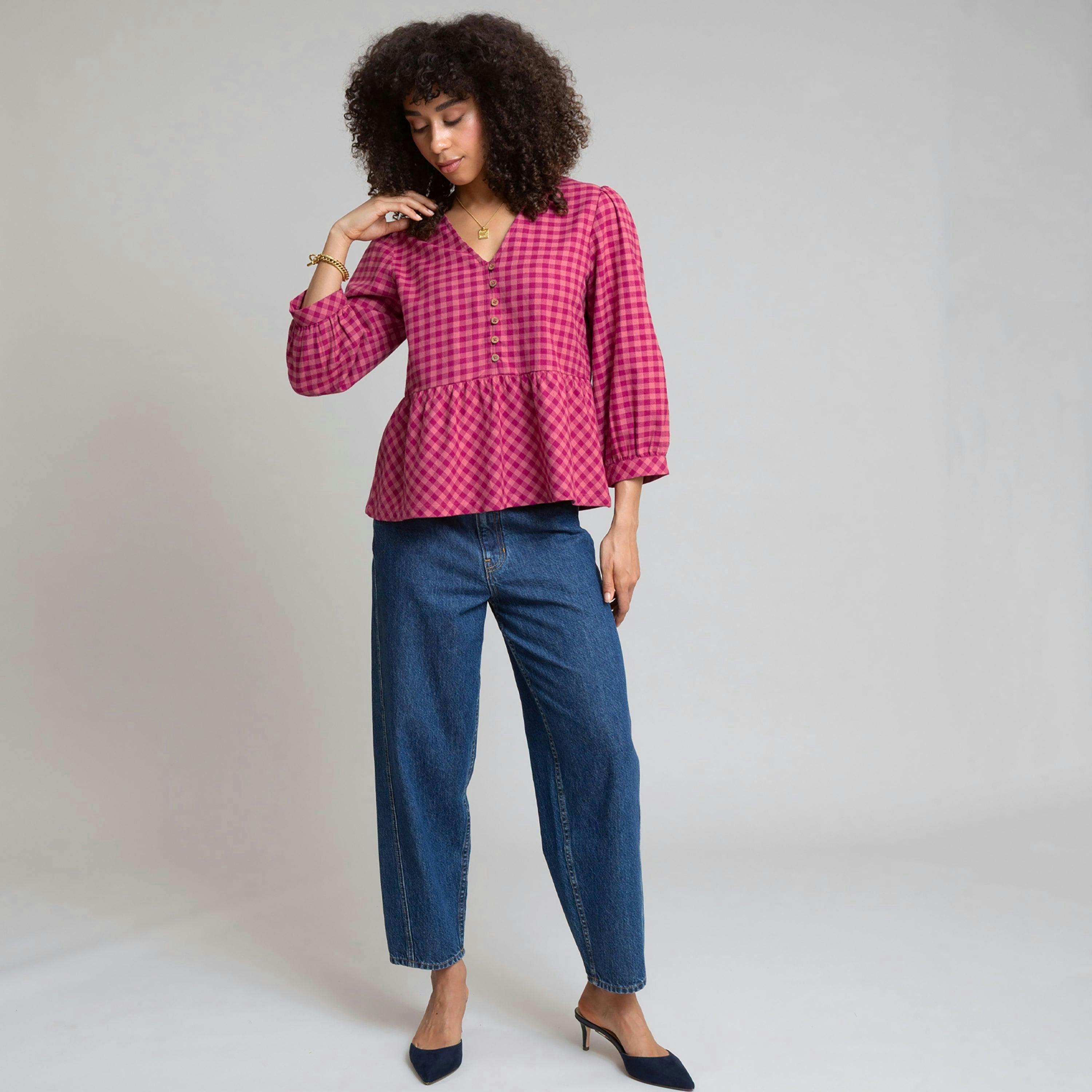 Organic Damson Check Worgret Flannel Blouse , view 3 of 6