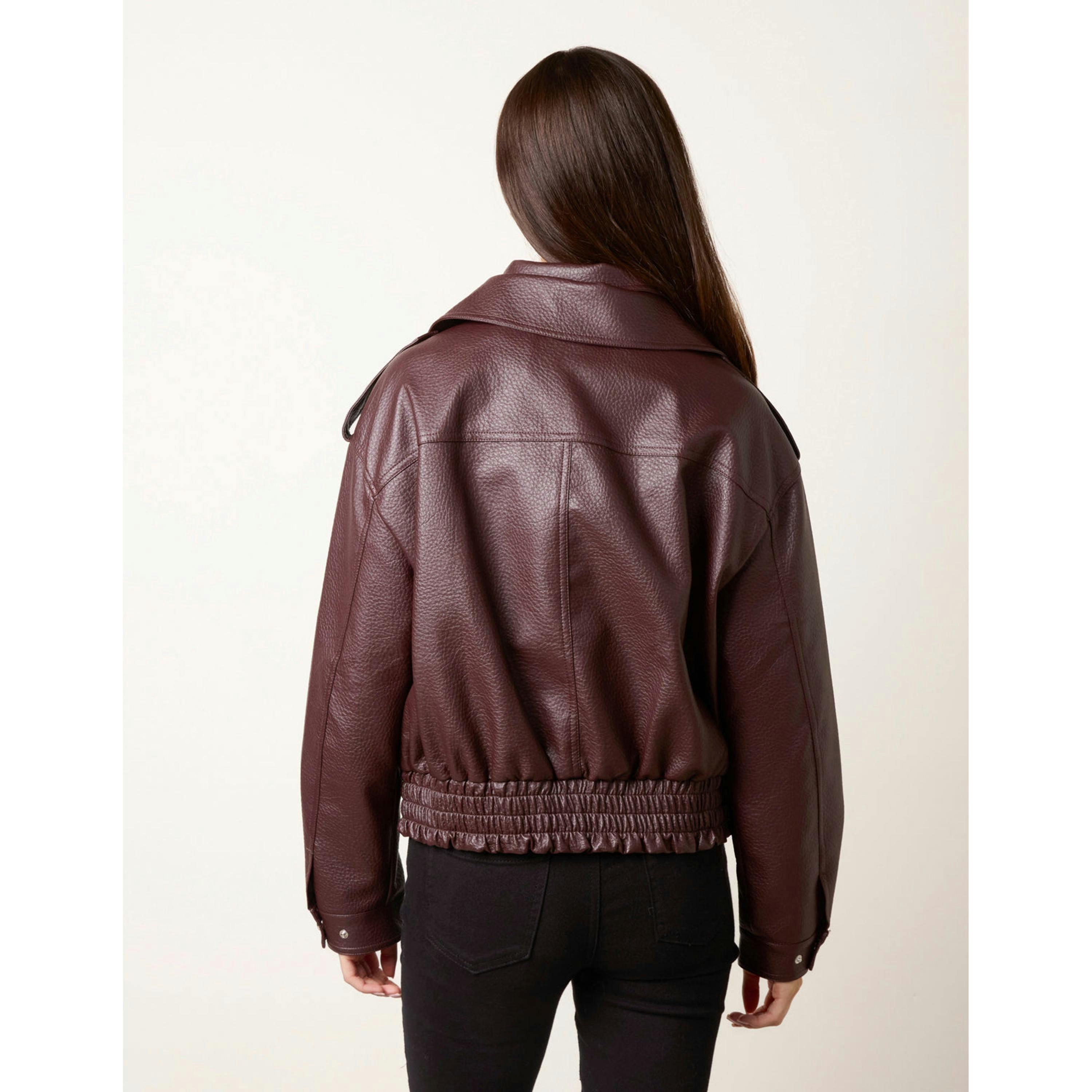 Blue Vanilla Double Zip Oversized Faux Leather Jacket  in Wine , view 2 of 4
