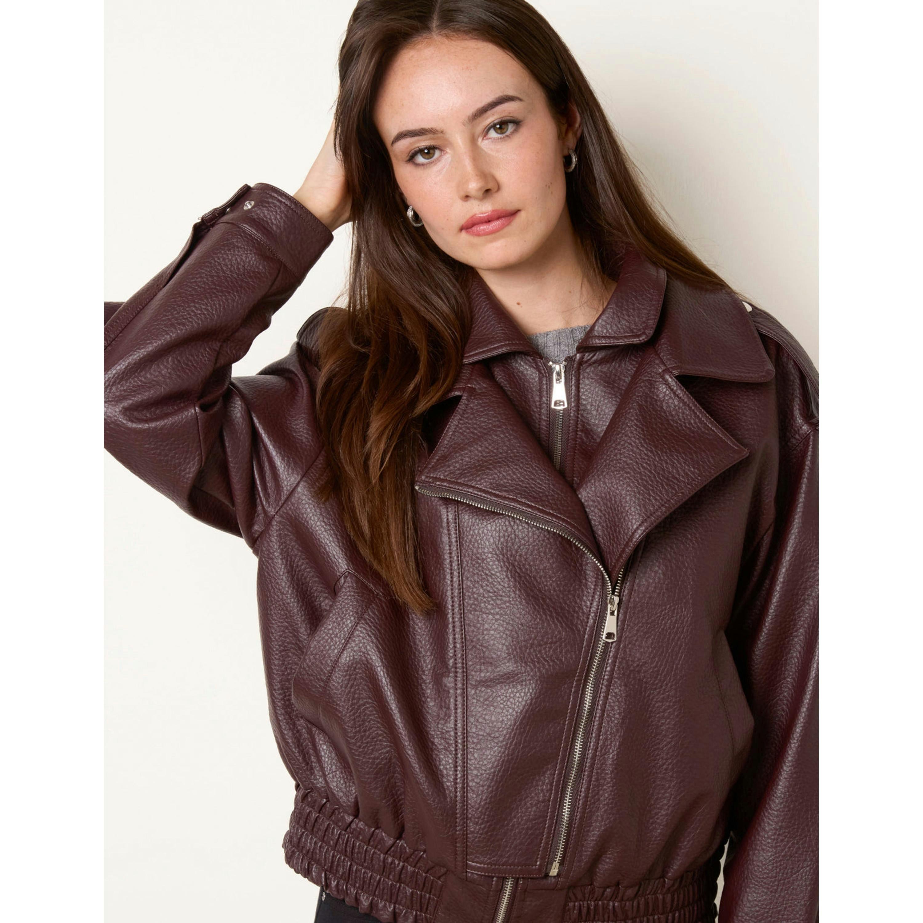 Blue Vanilla Double Zip Oversized Faux Leather Jacket  in Wine , view 3 of 4