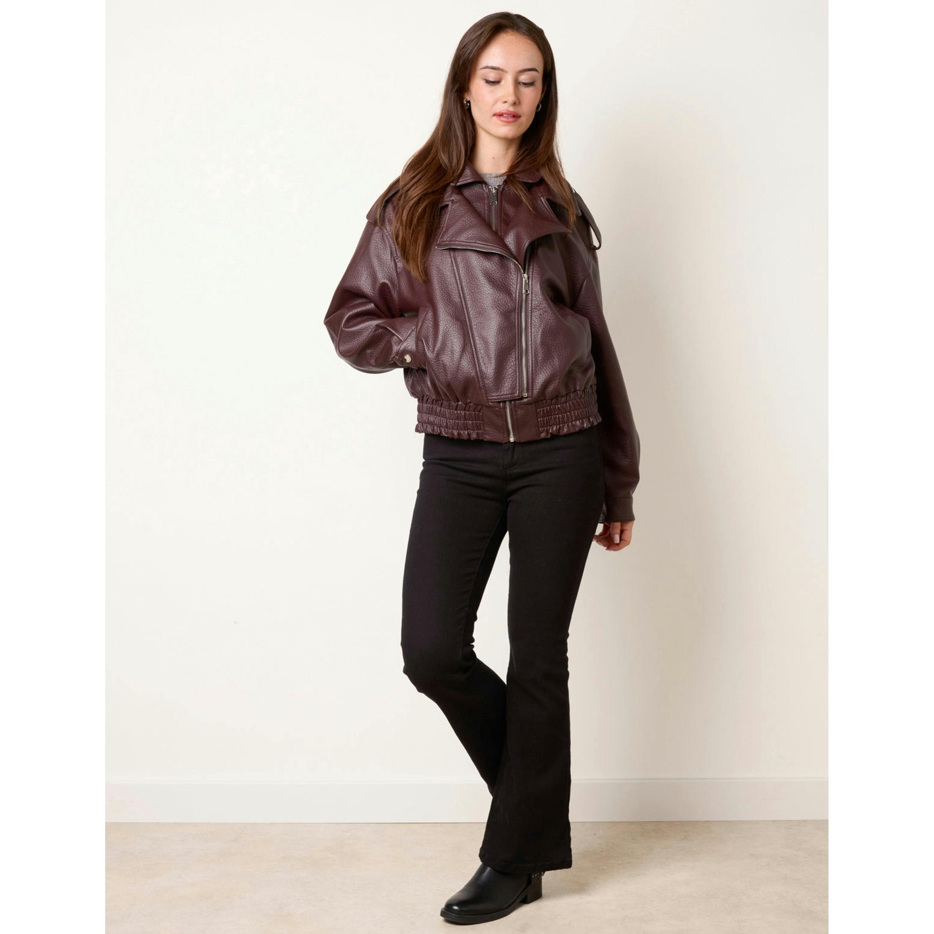 Blue Vanilla Double Zip Oversized Faux Leather Jacket  in Wine , view 4 of 4