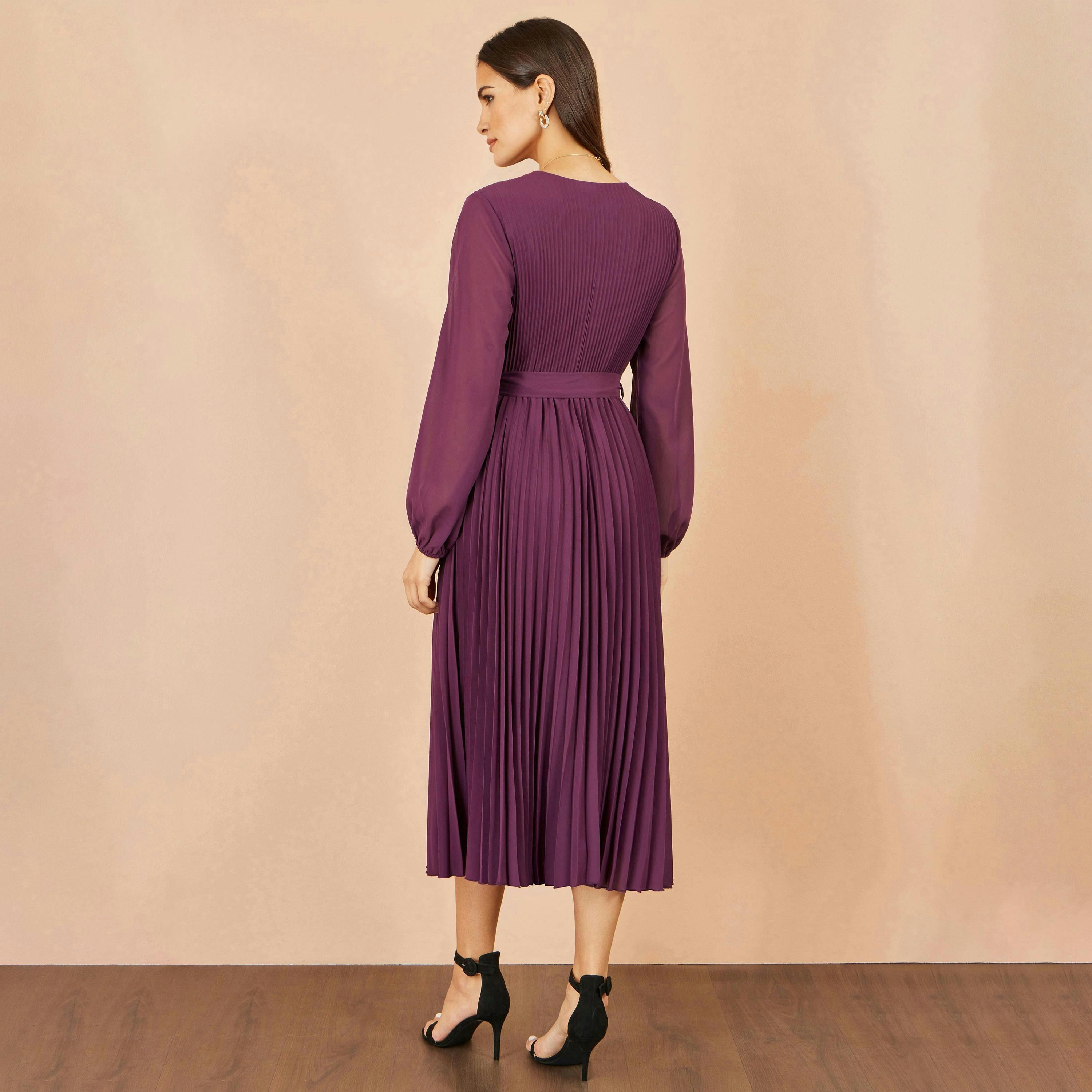 Yumi Purple Pleated Wrap Midi Dress , view 5 of 5