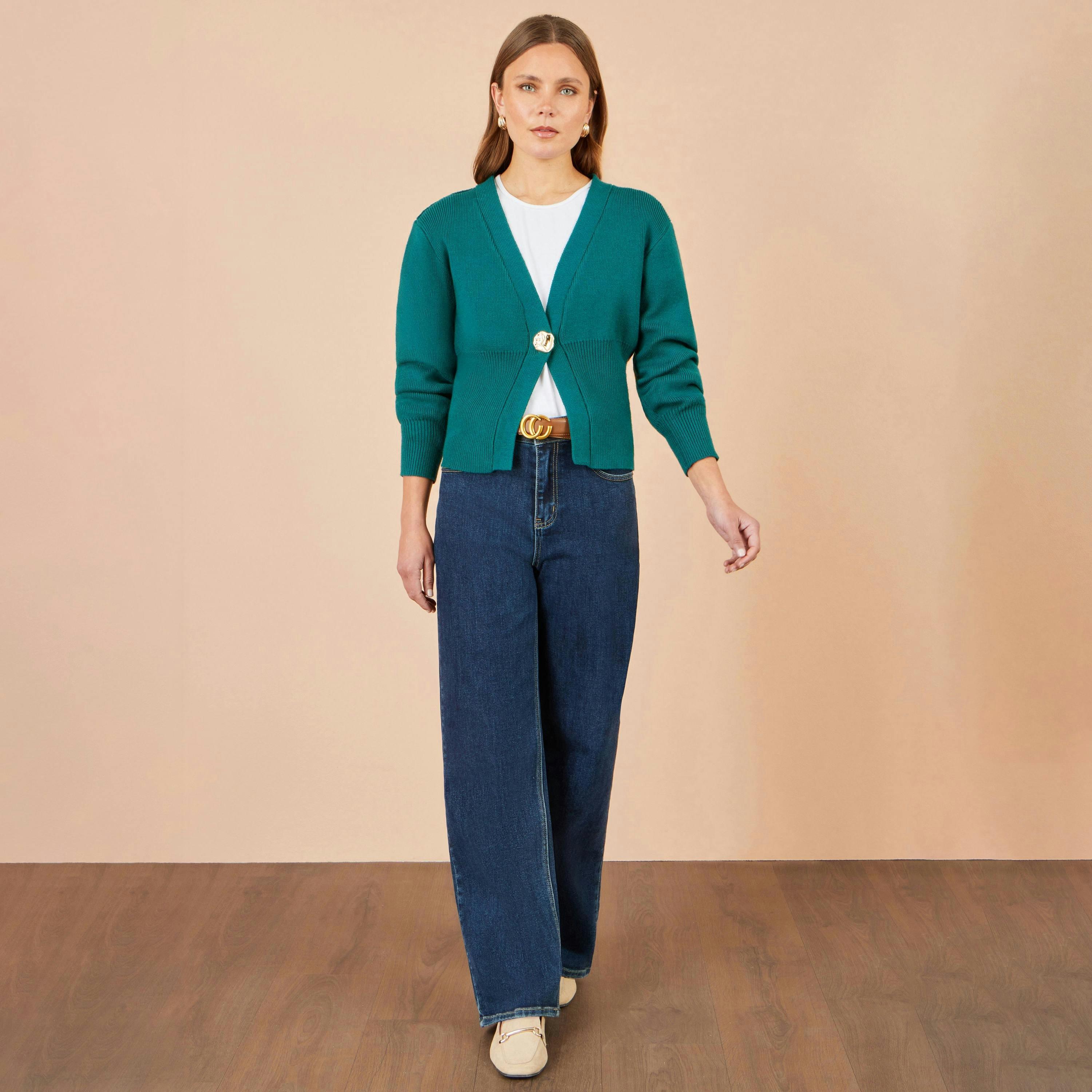 Yumi Teal Knitted Button Cardigan , view 2 of 4