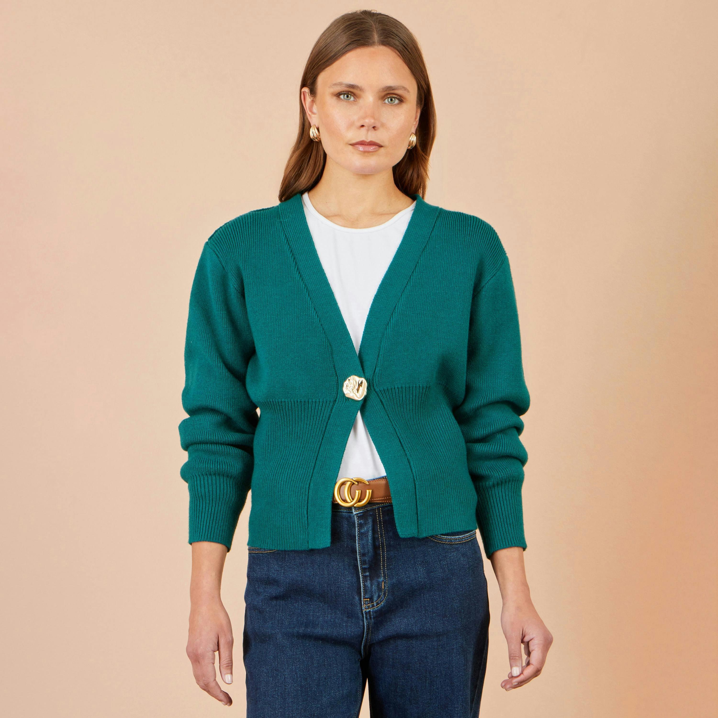 Yumi Teal Knitted Button Cardigan , view 3 of 4