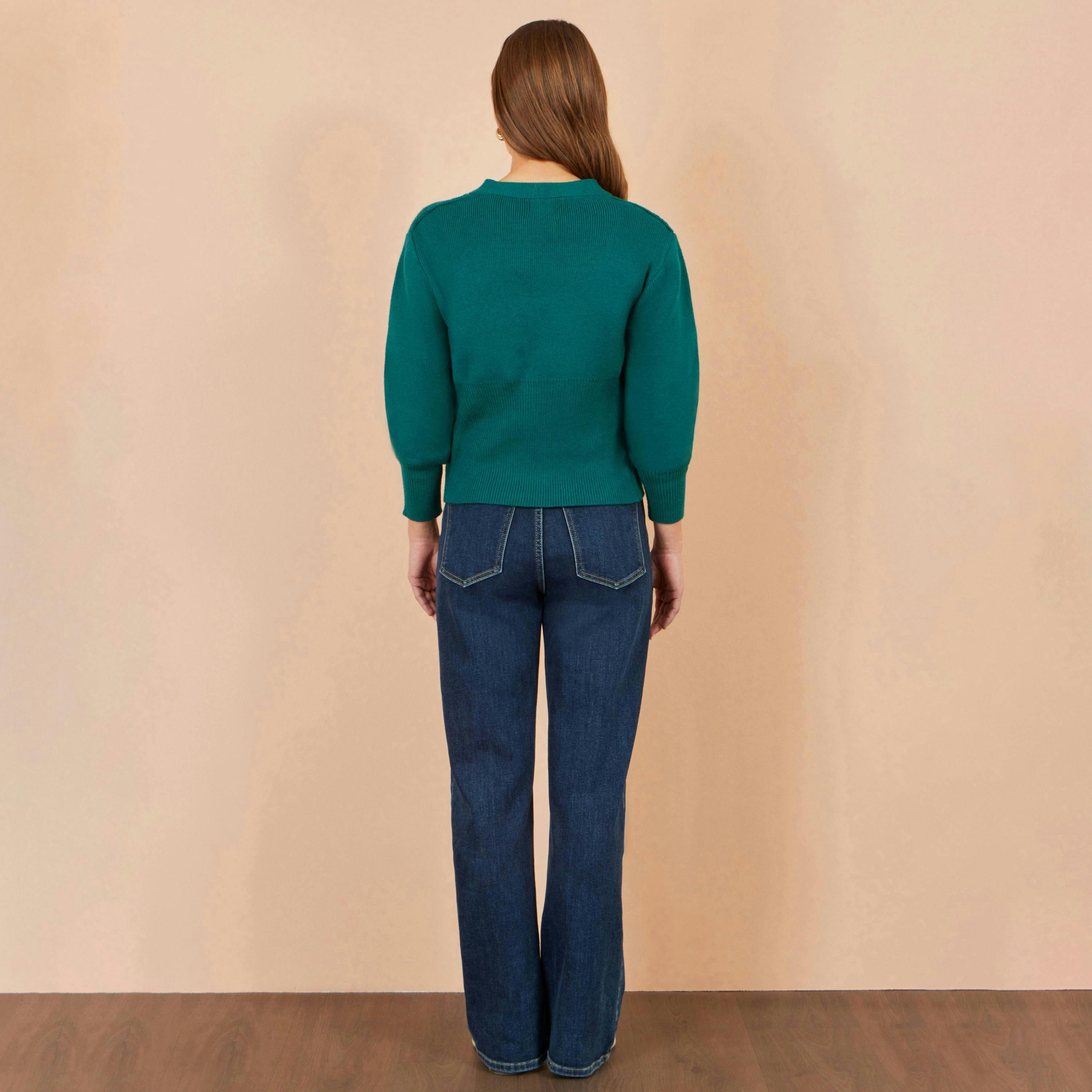 Yumi Teal Knitted Button Cardigan , view 4 of 4