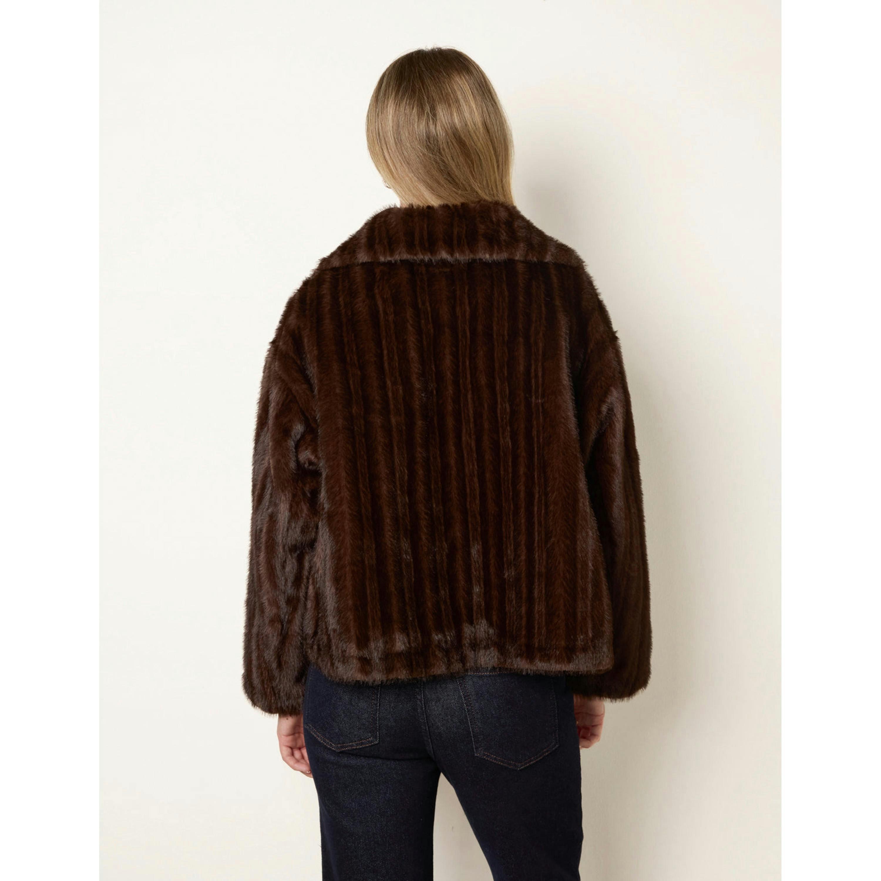Blue Vanilla Textured Faux Fur Coat  in Brown , view 2 of 4