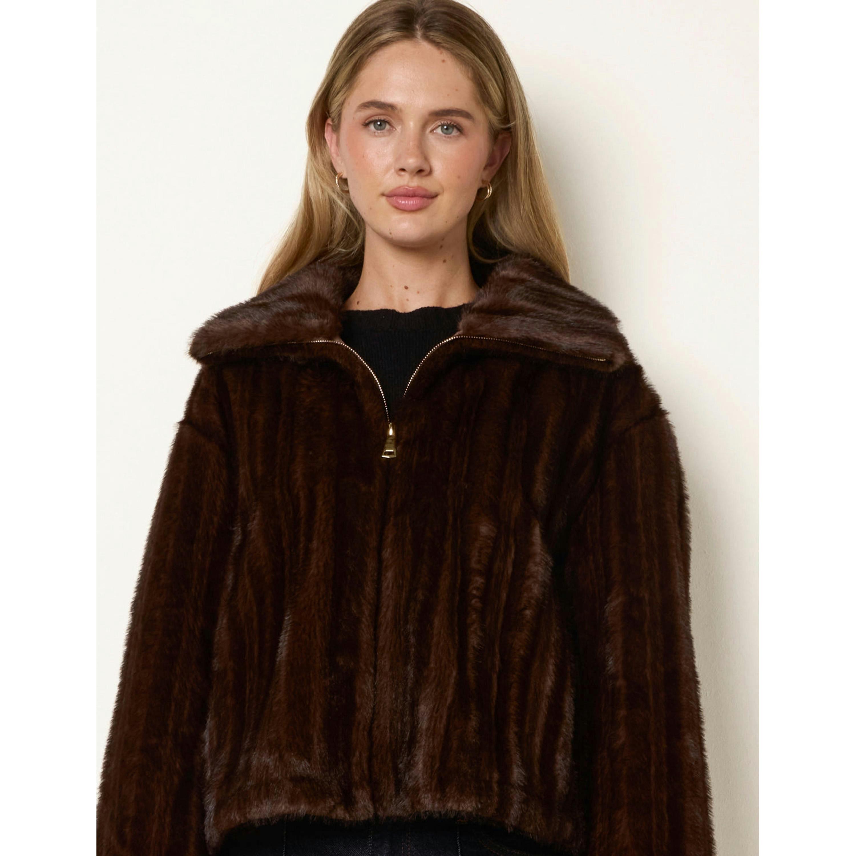 Blue Vanilla Textured Faux Fur Coat  in Brown , view 3 of 4
