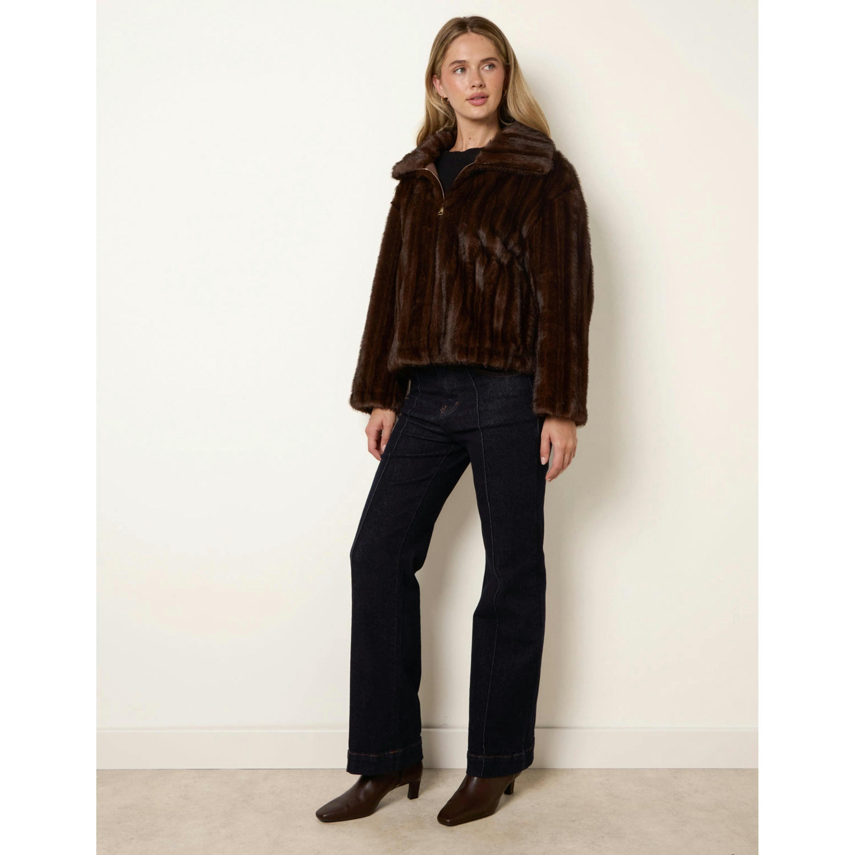 Blue Vanilla Textured Faux Fur Coat  in Brown , view 4 of 4