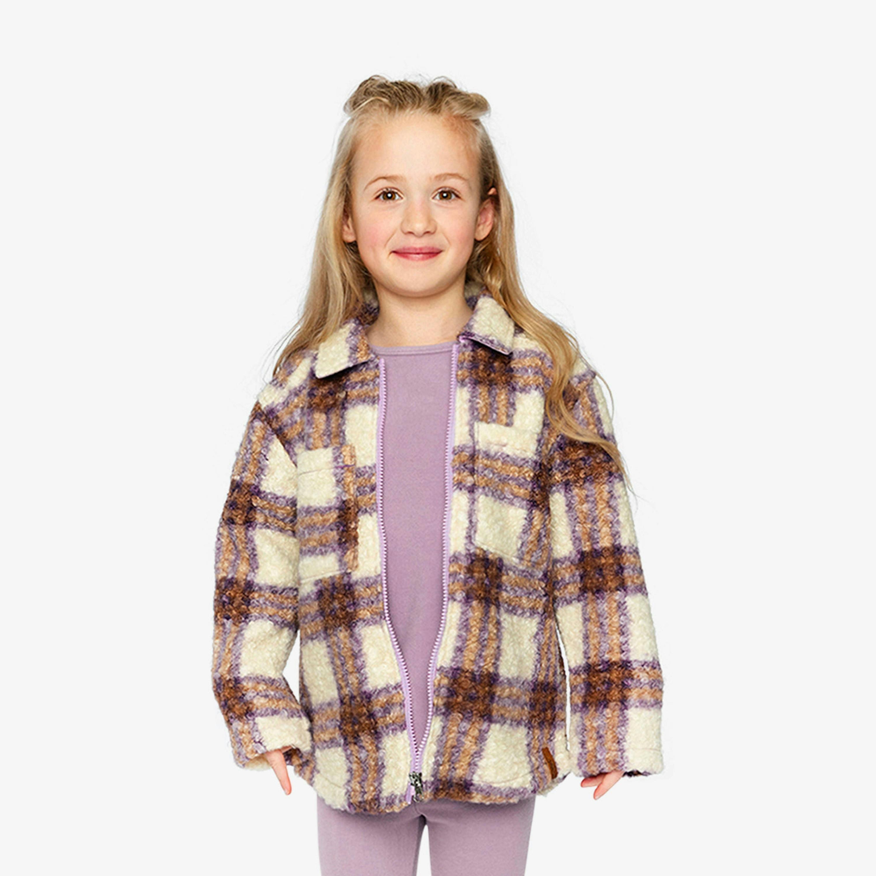 Zipped Sherpa Overshirt With Chest Pockets Beige And Mauve Plaid , view 2 of 6