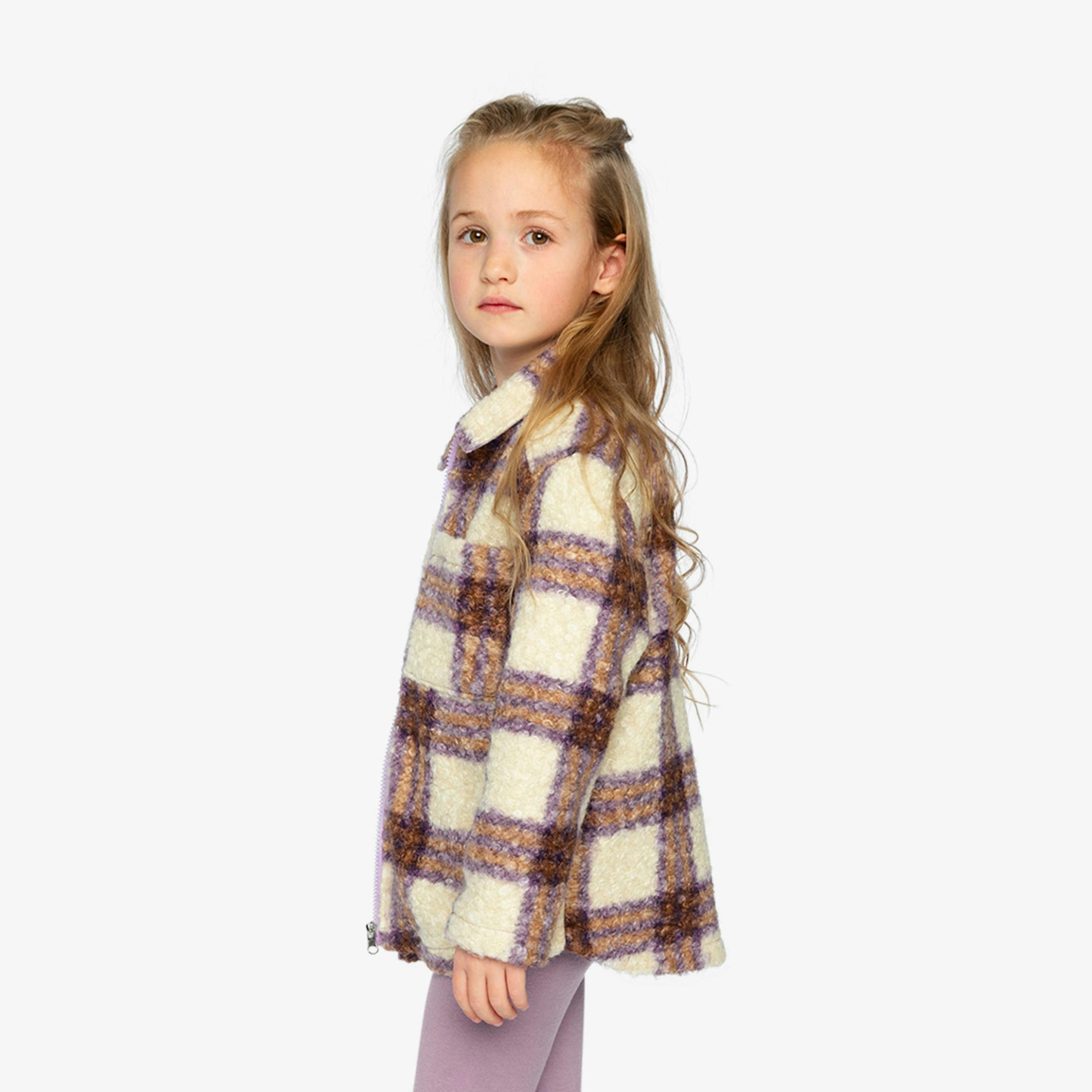Zipped Sherpa Overshirt With Chest Pockets Beige And Mauve Plaid , view 3 of 6