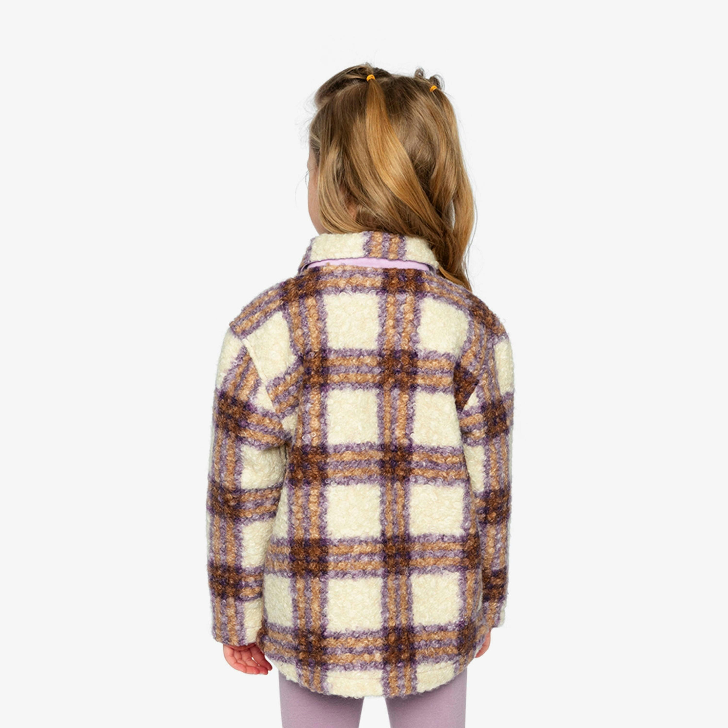 Zipped Sherpa Overshirt With Chest Pockets Beige And Mauve Plaid , view 4 of 6