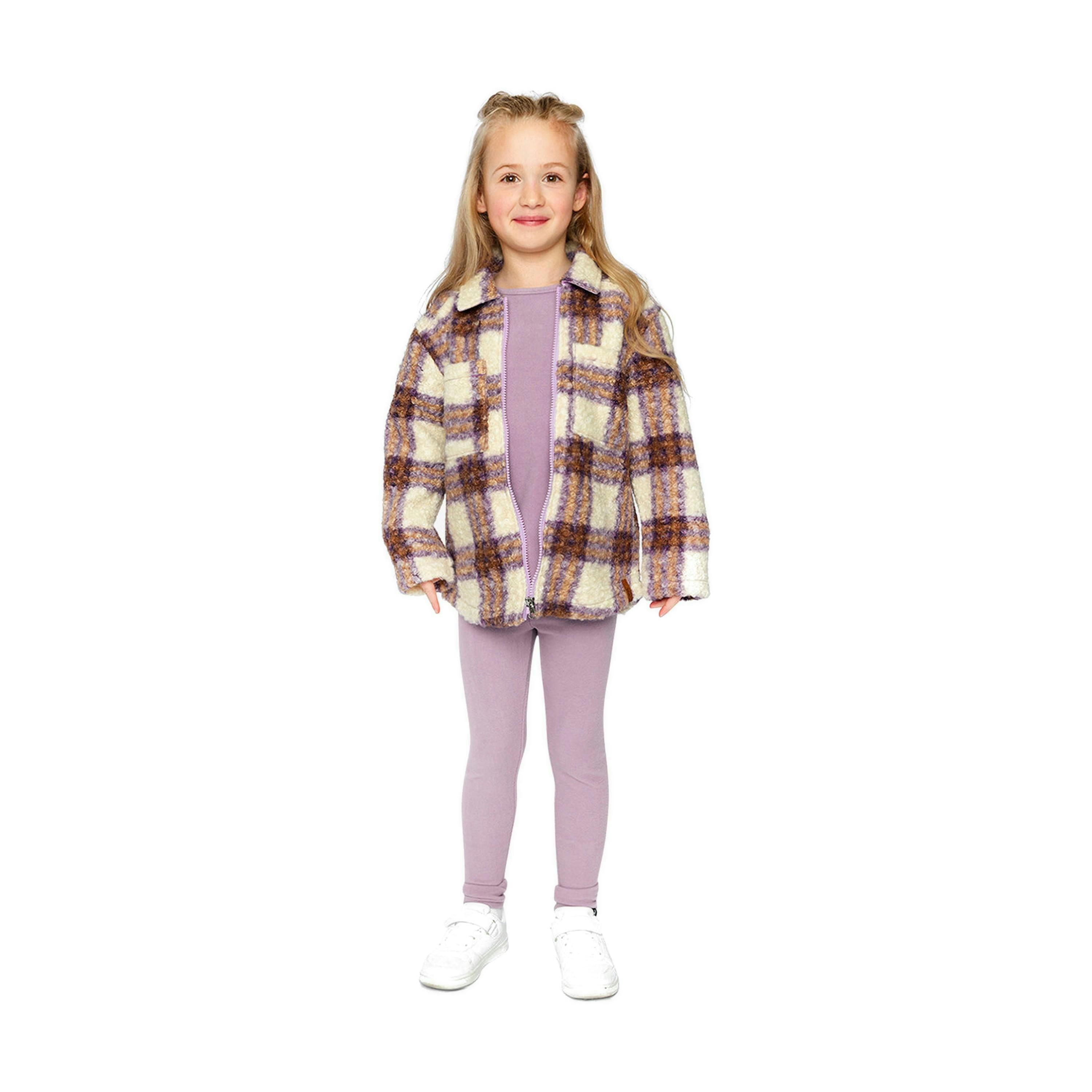 Zipped Sherpa Overshirt With Chest Pockets Beige And Mauve Plaid , view 5 of 6