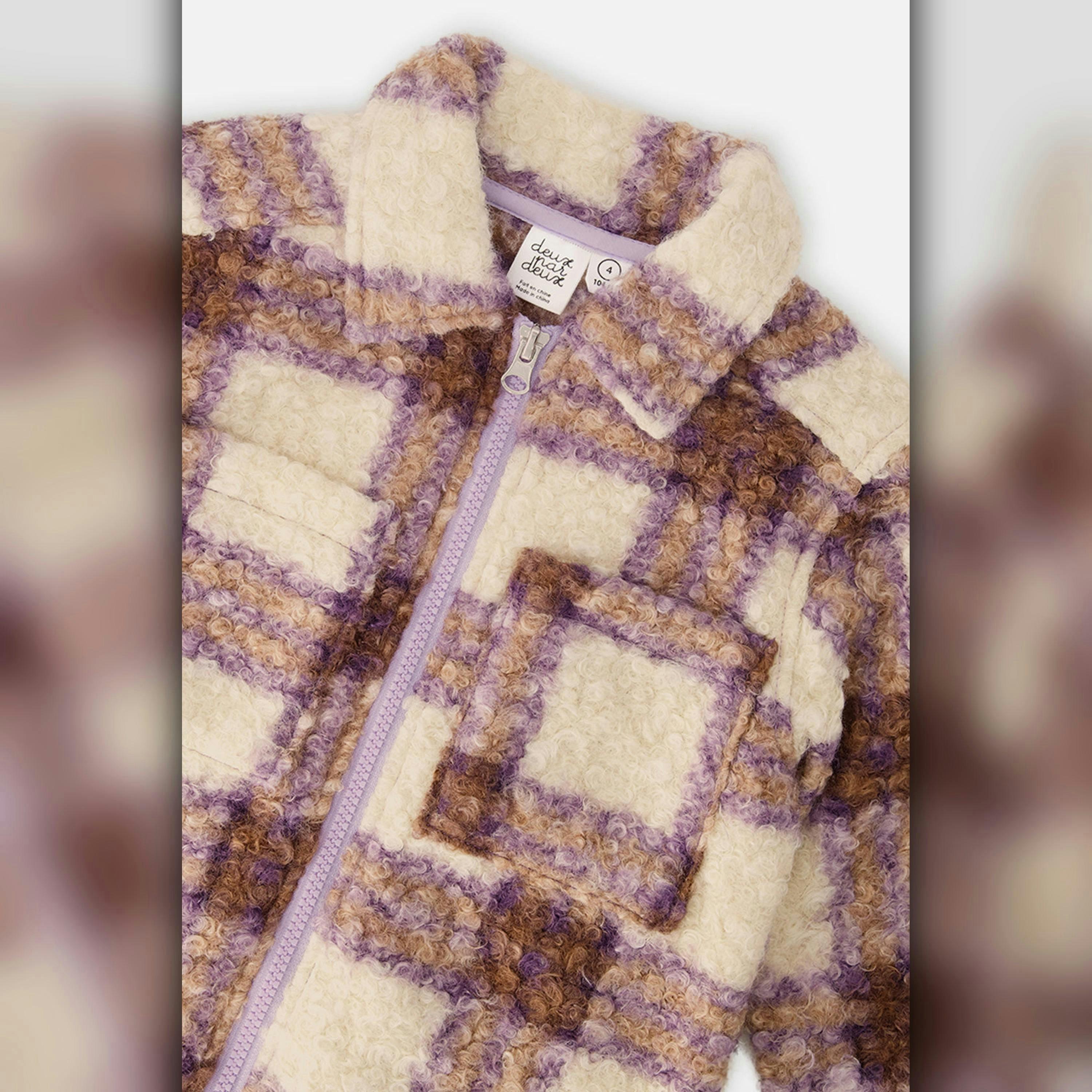 Zipped Sherpa Overshirt With Chest Pockets Beige And Mauve Plaid , view 6 of 6