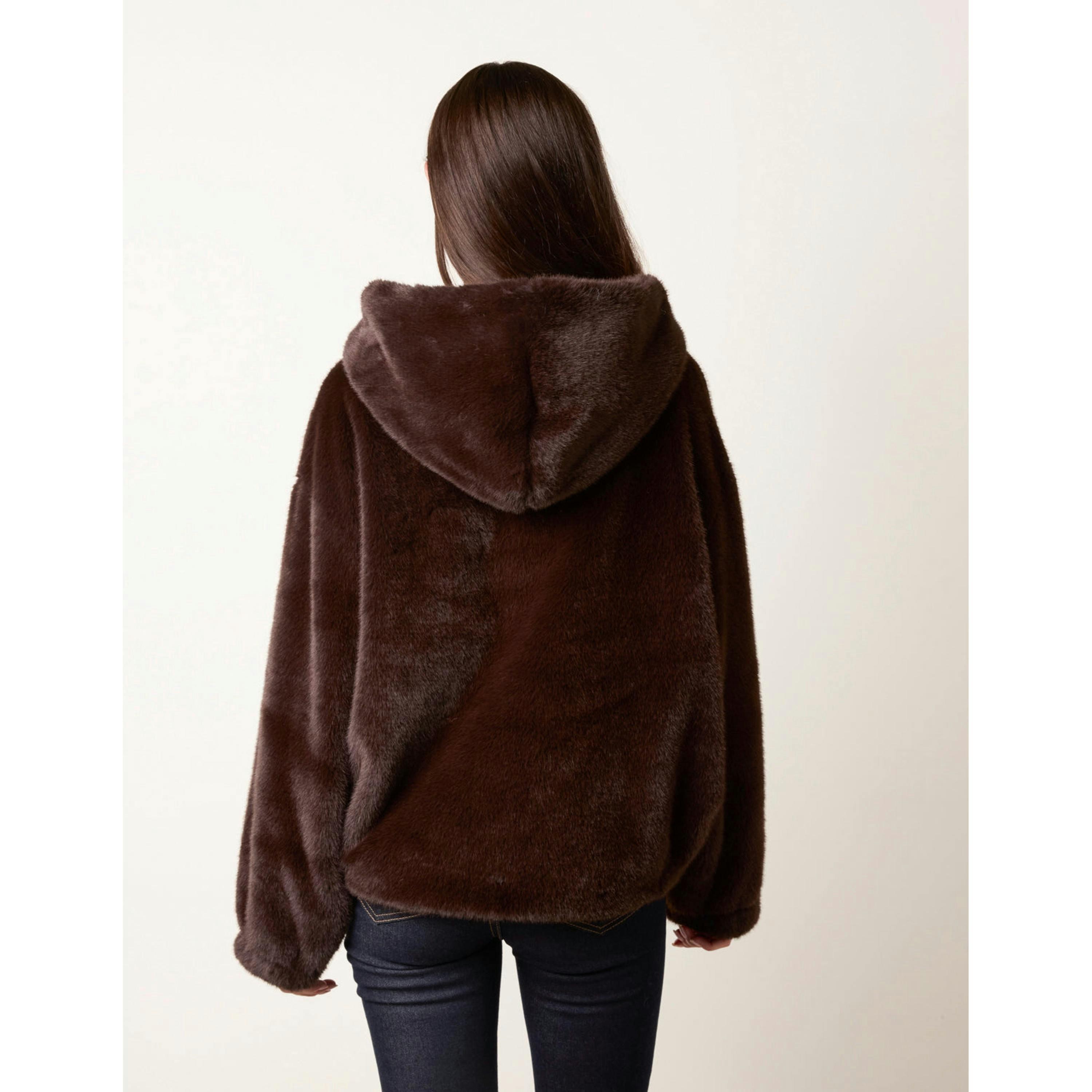 Blue Vanilla Hooded Faux Fur Coat  in Brown , view 2 of 4
