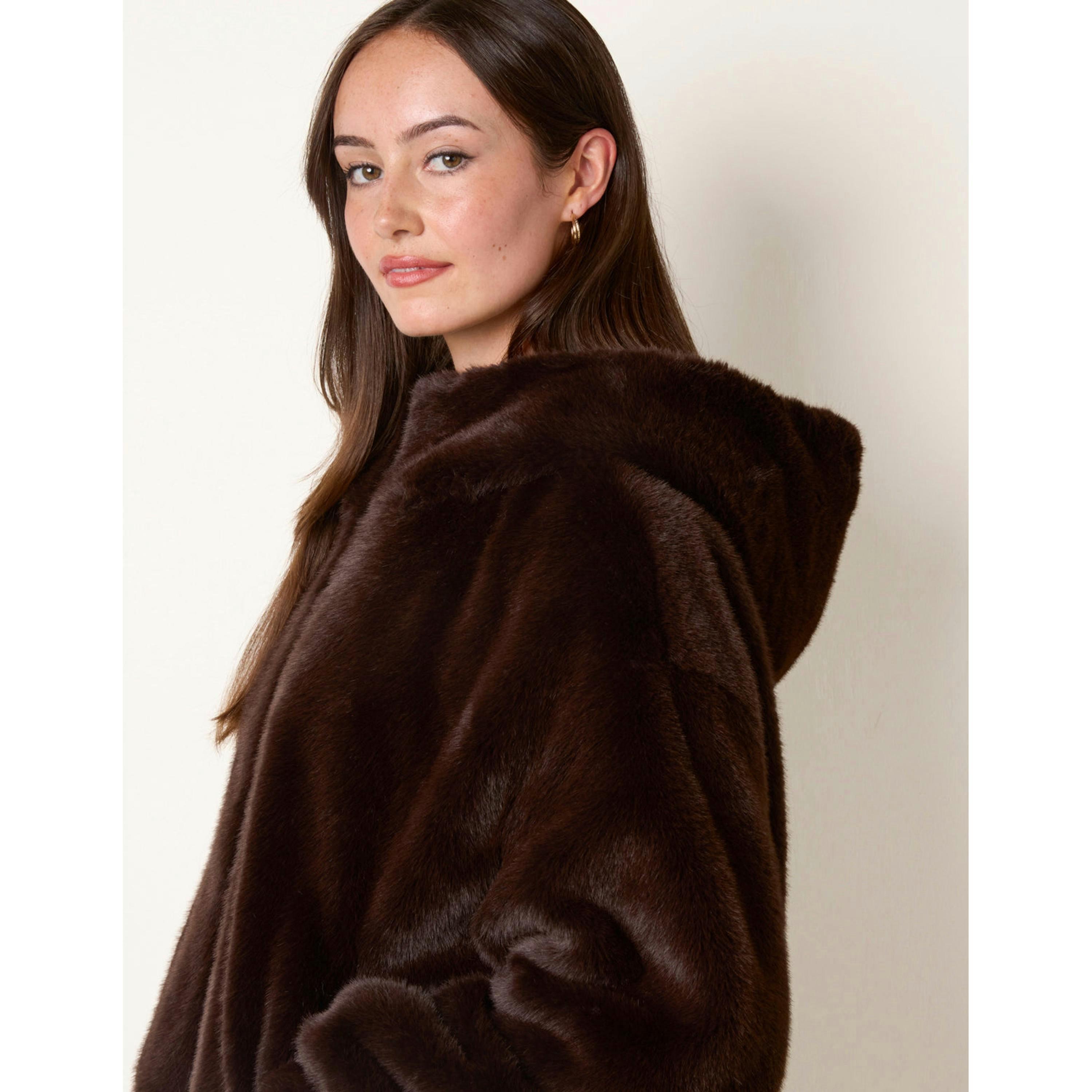Blue Vanilla Hooded Faux Fur Coat  in Brown , view 3 of 4