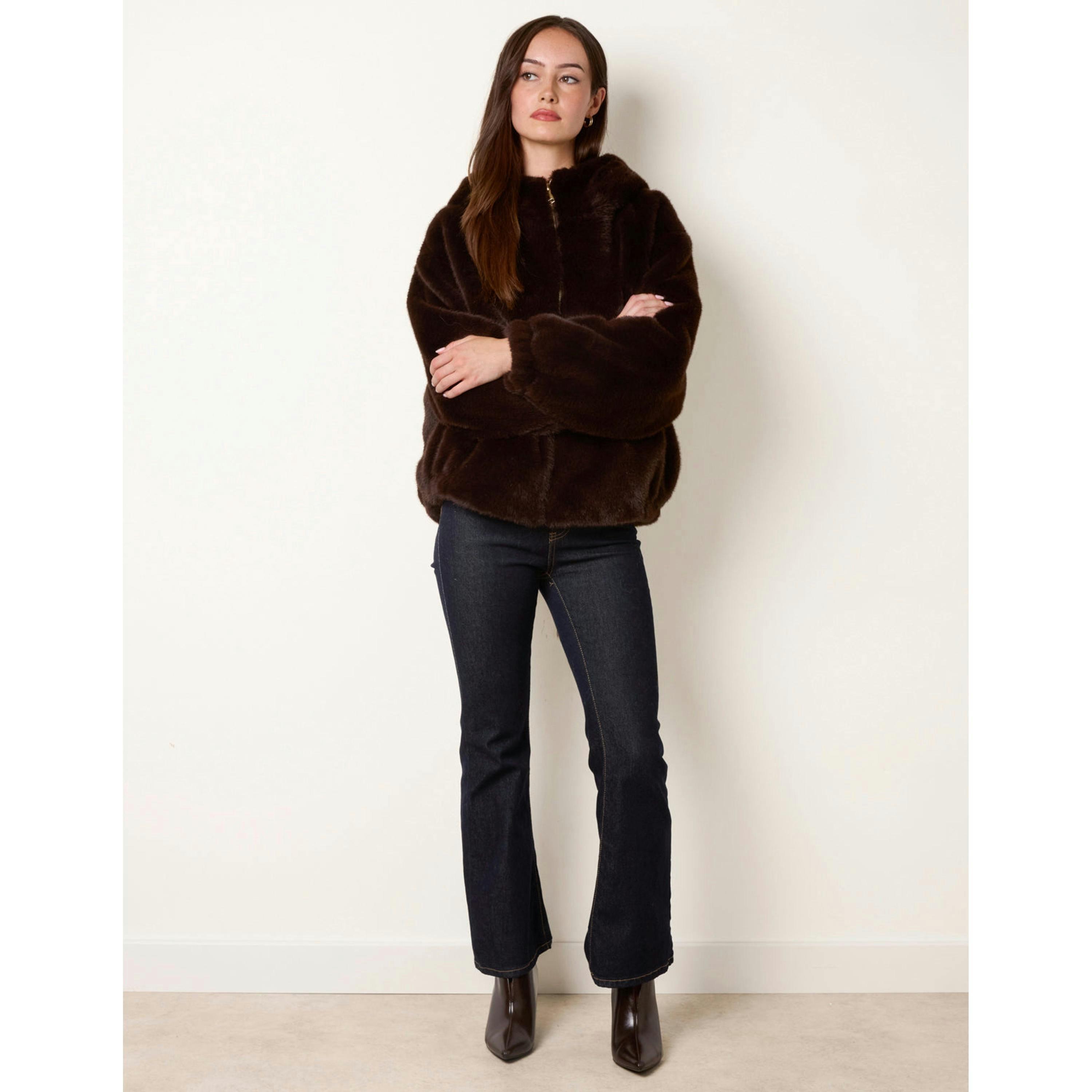 Blue Vanilla Hooded Faux Fur Coat  in Brown , view 4 of 4