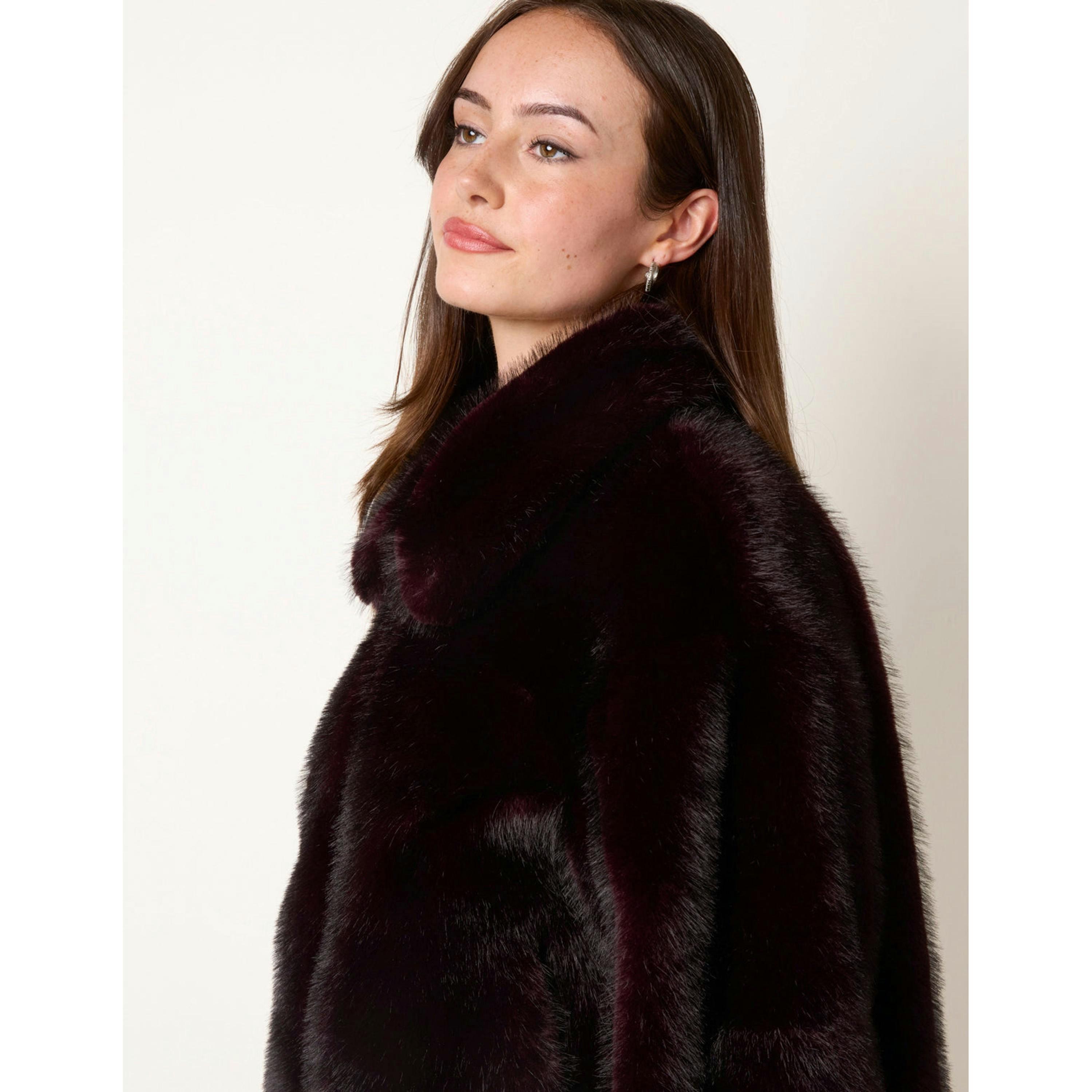 Blue Vanilla Plush Faux Fur Coat  in Wine , view 3 of 4