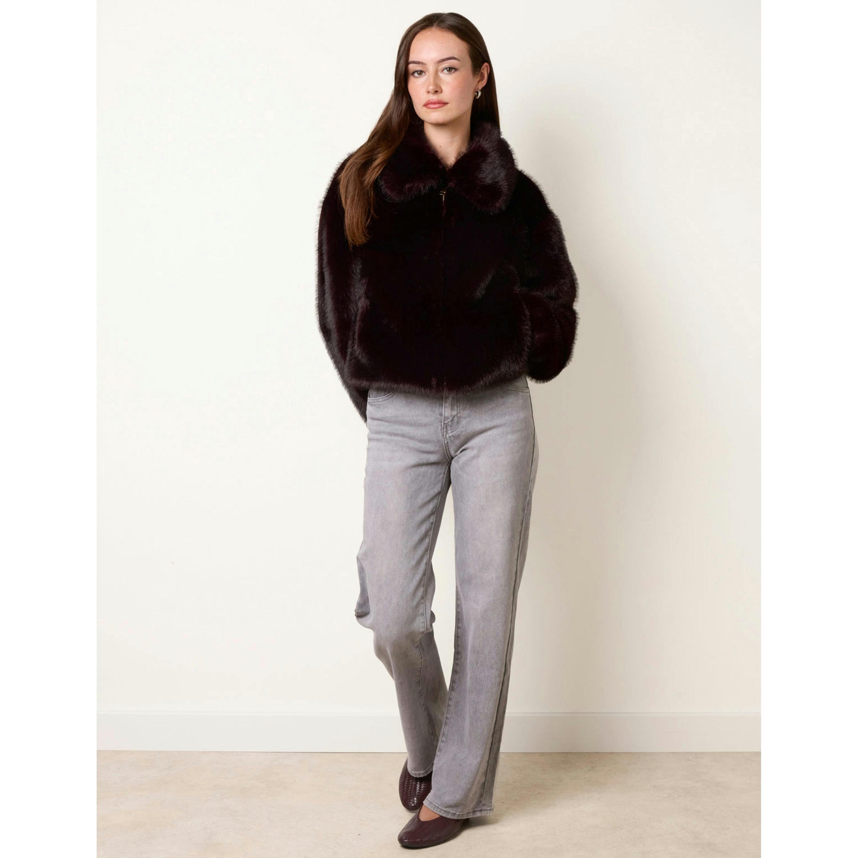 Blue Vanilla Plush Faux Fur Coat  in Wine , view 4 of 4