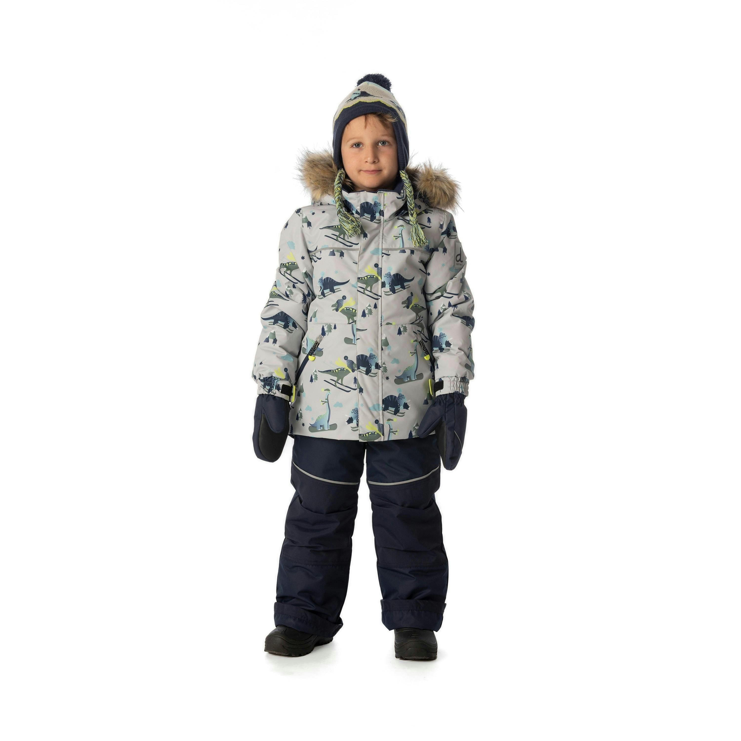 Two Piece Discover Snowsuit Grey Skiing Dinosaur Print , view 2 of 6