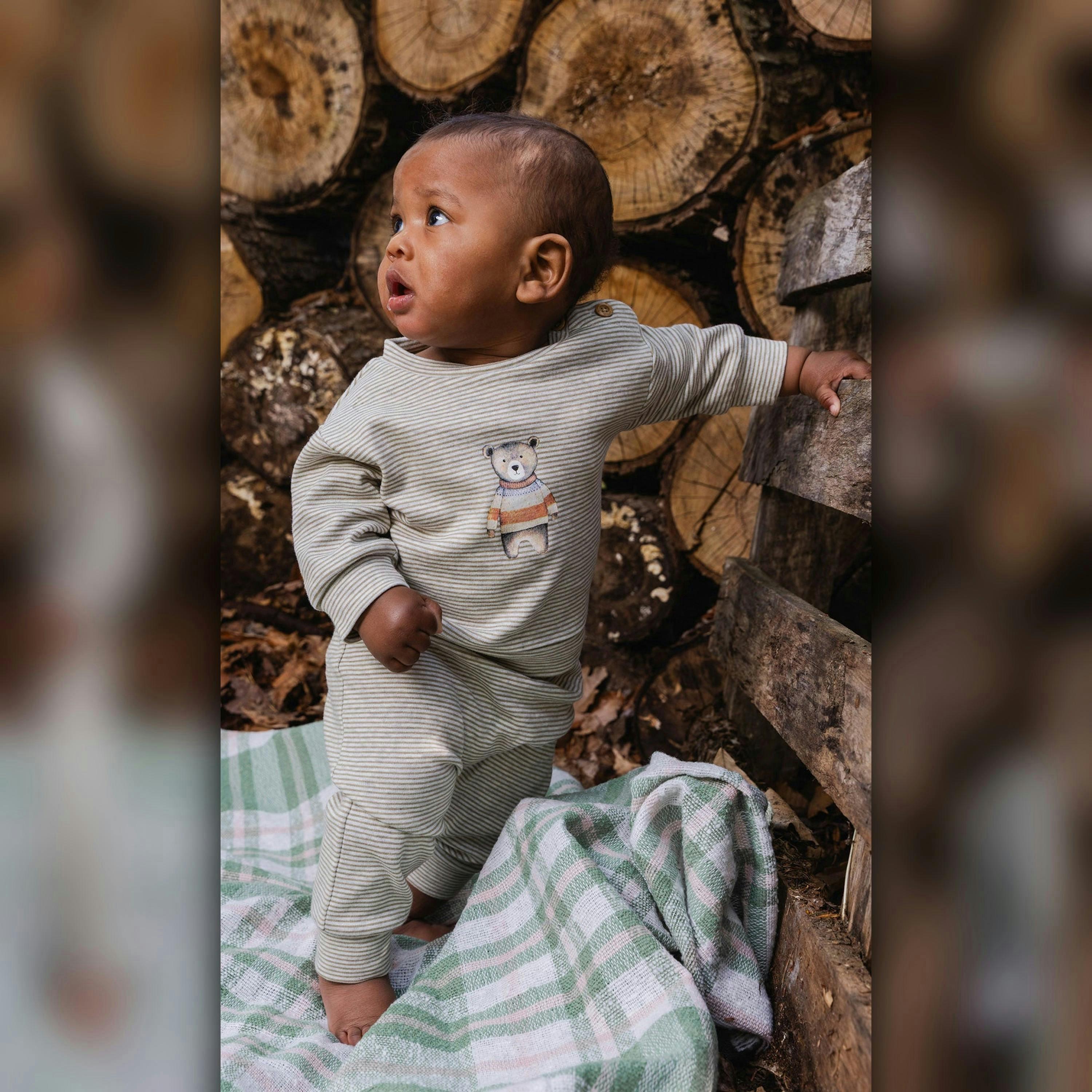 Organic Cotton Pants And Top Set Brown And White Stripes , view 2 of 5