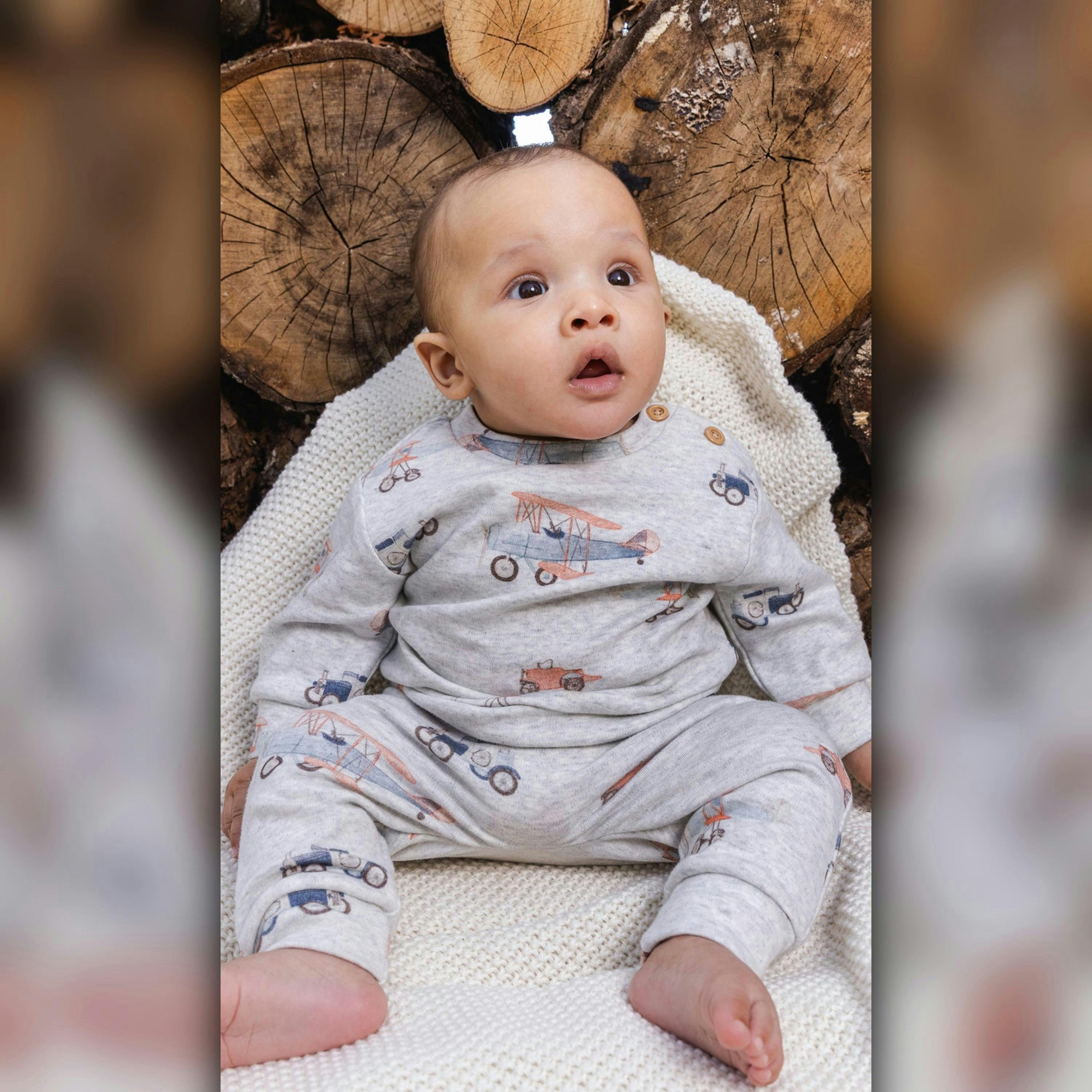 Organic Cotton Pants And Top Set Beige Printed Airplanes , view 2 of 4