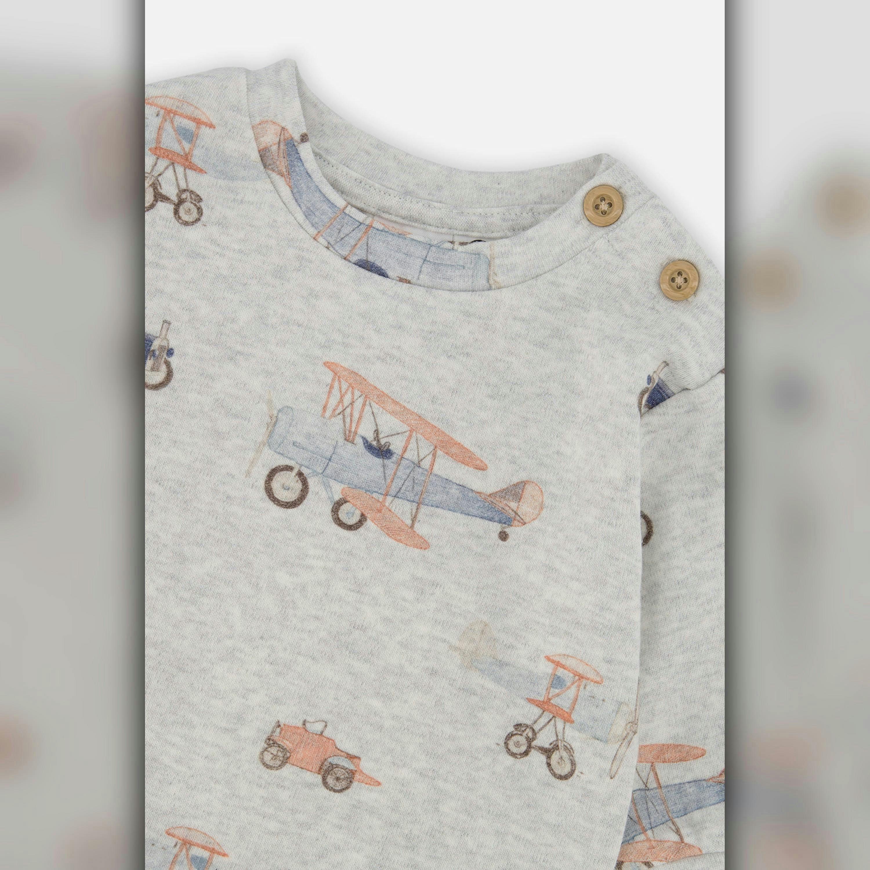 Organic Cotton Pants And Top Set Beige Printed Airplanes , view 3 of 4