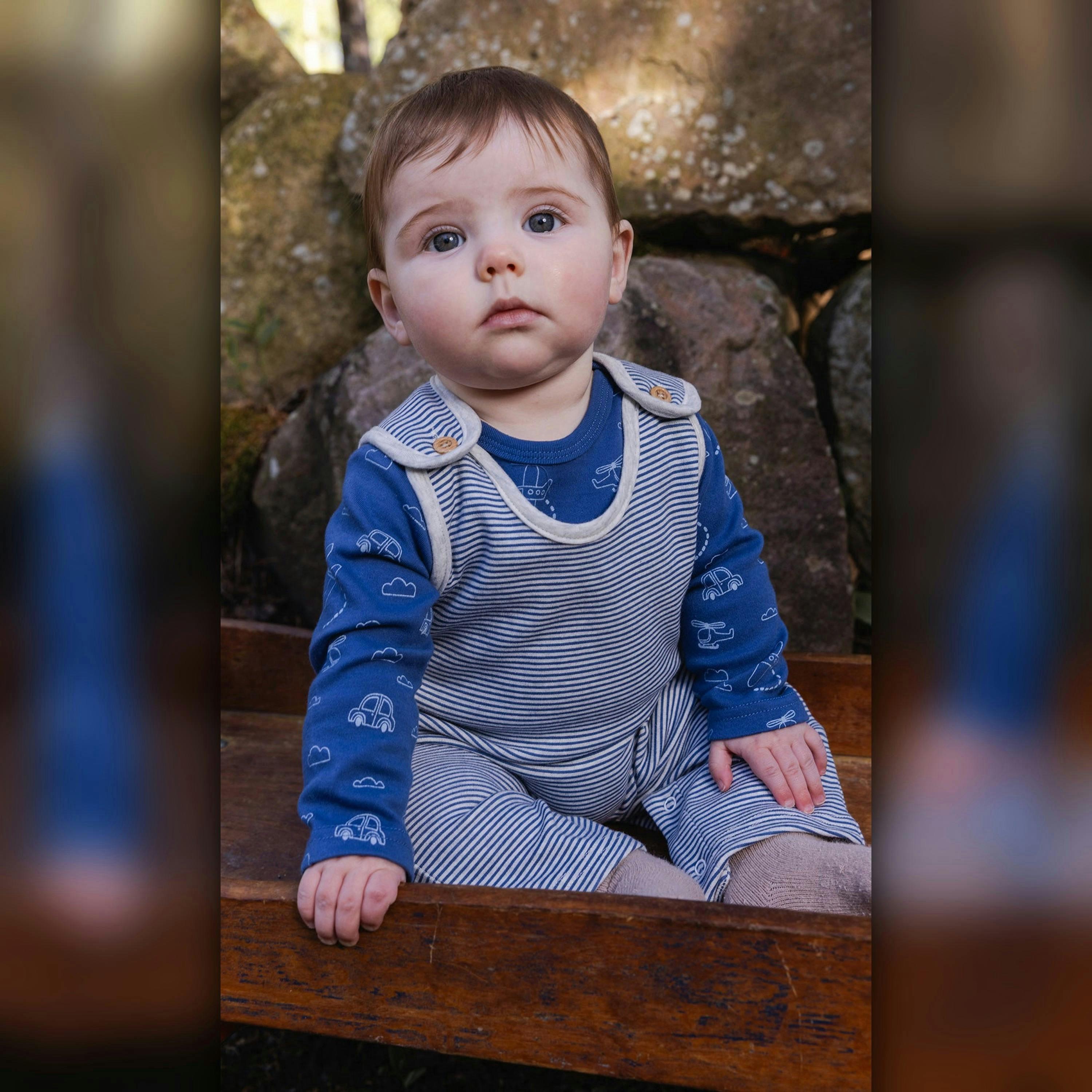 Organic Cotton Onesie With Overalls Set Blue Printed Transportation , view 2 of 5