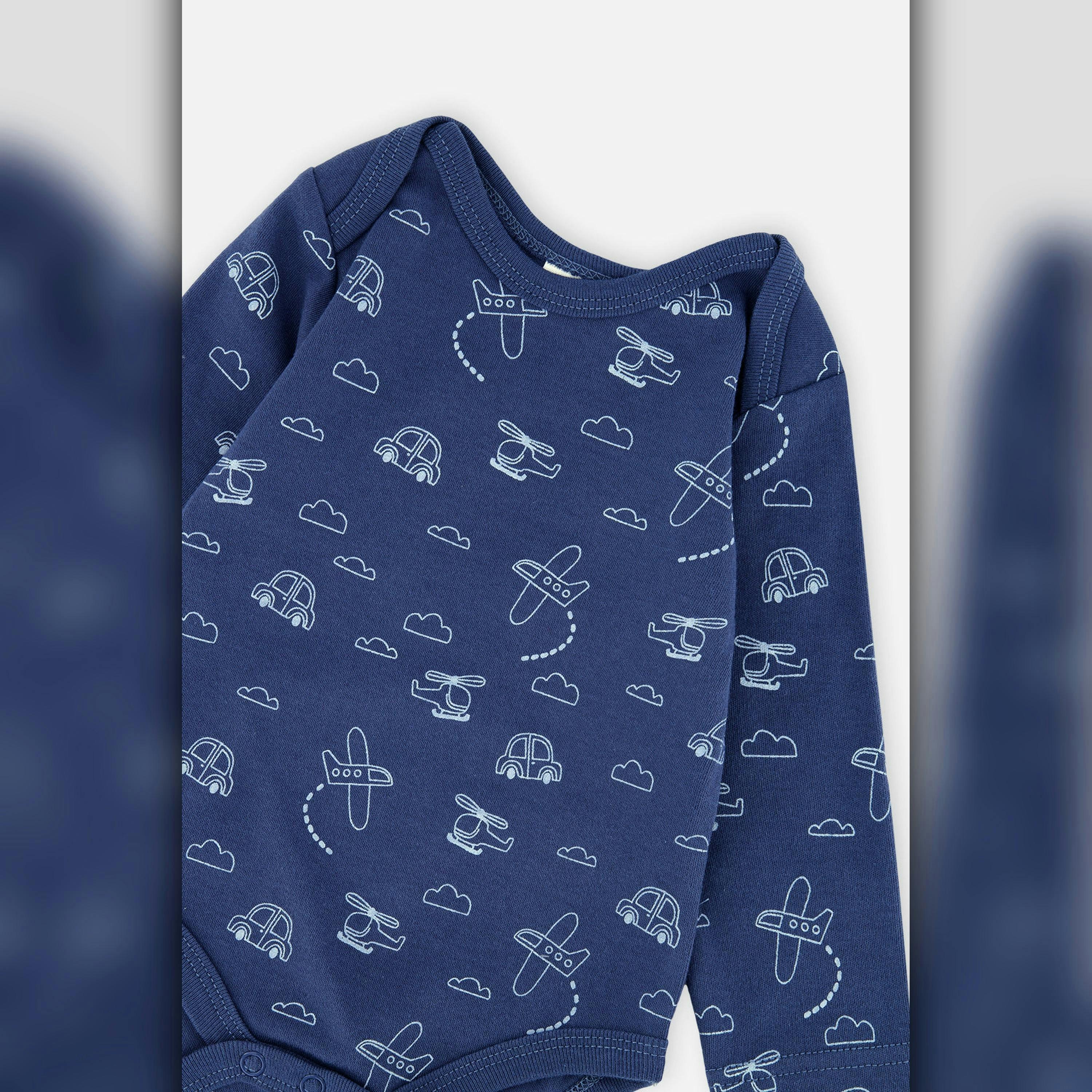 Organic Cotton Onesie With Overalls Set Blue Printed Transportation , view 3 of 5