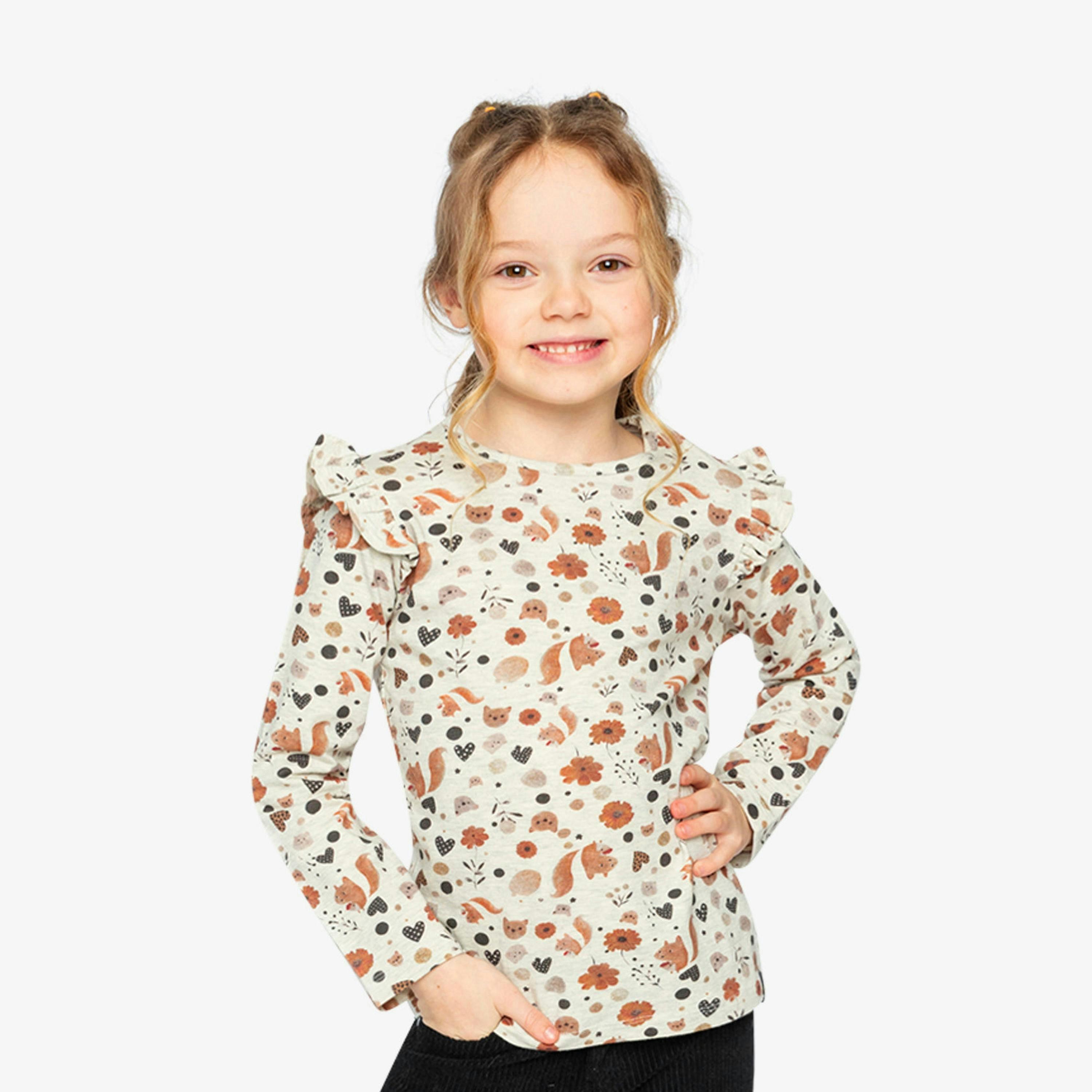 Long Sleeve Organic Cotton T-Shirt Beige With Squirrel Print , view 2 of 6
