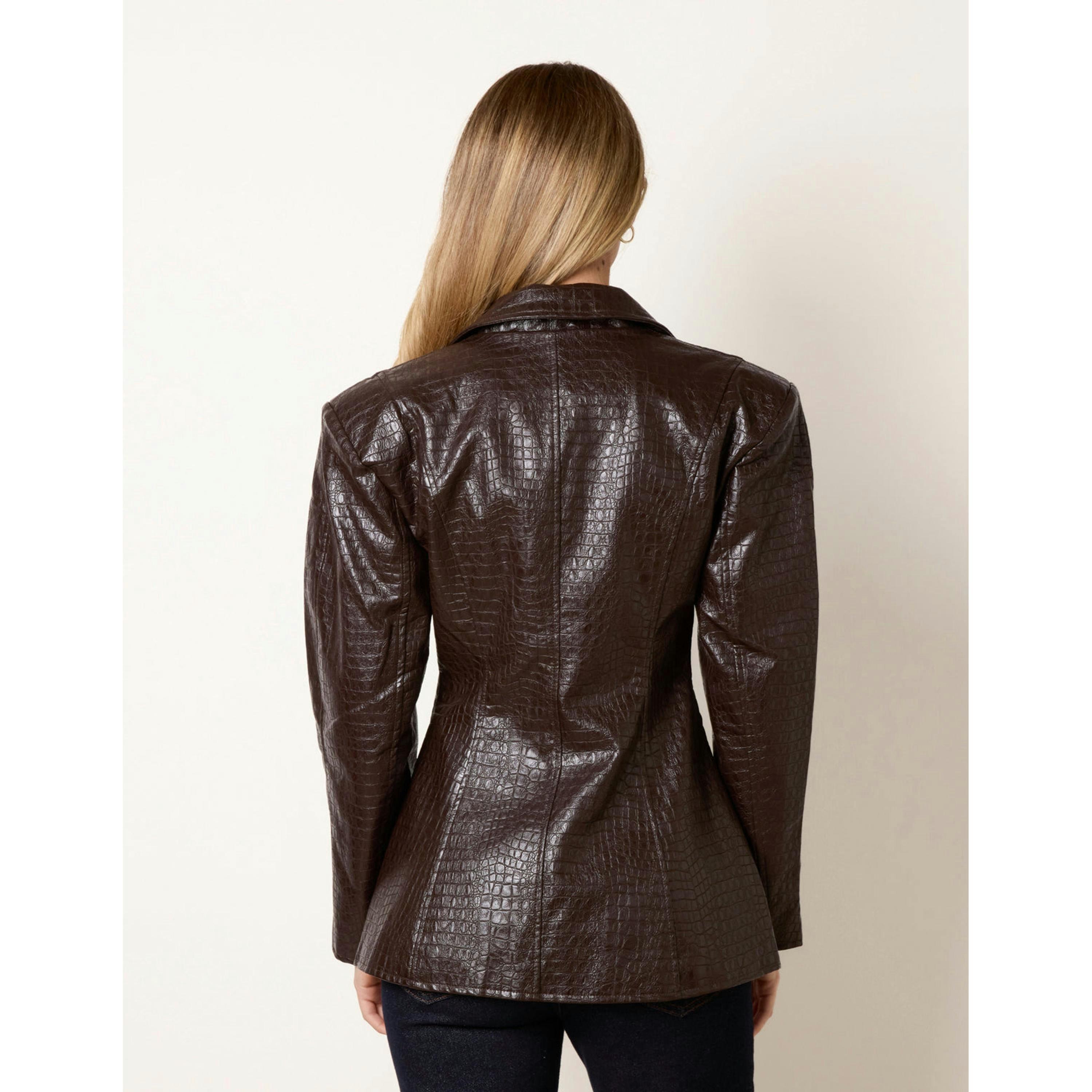 Blue Vanilla PU Croc Shoulder Pad Blazer  in Brown , view 2 of 4