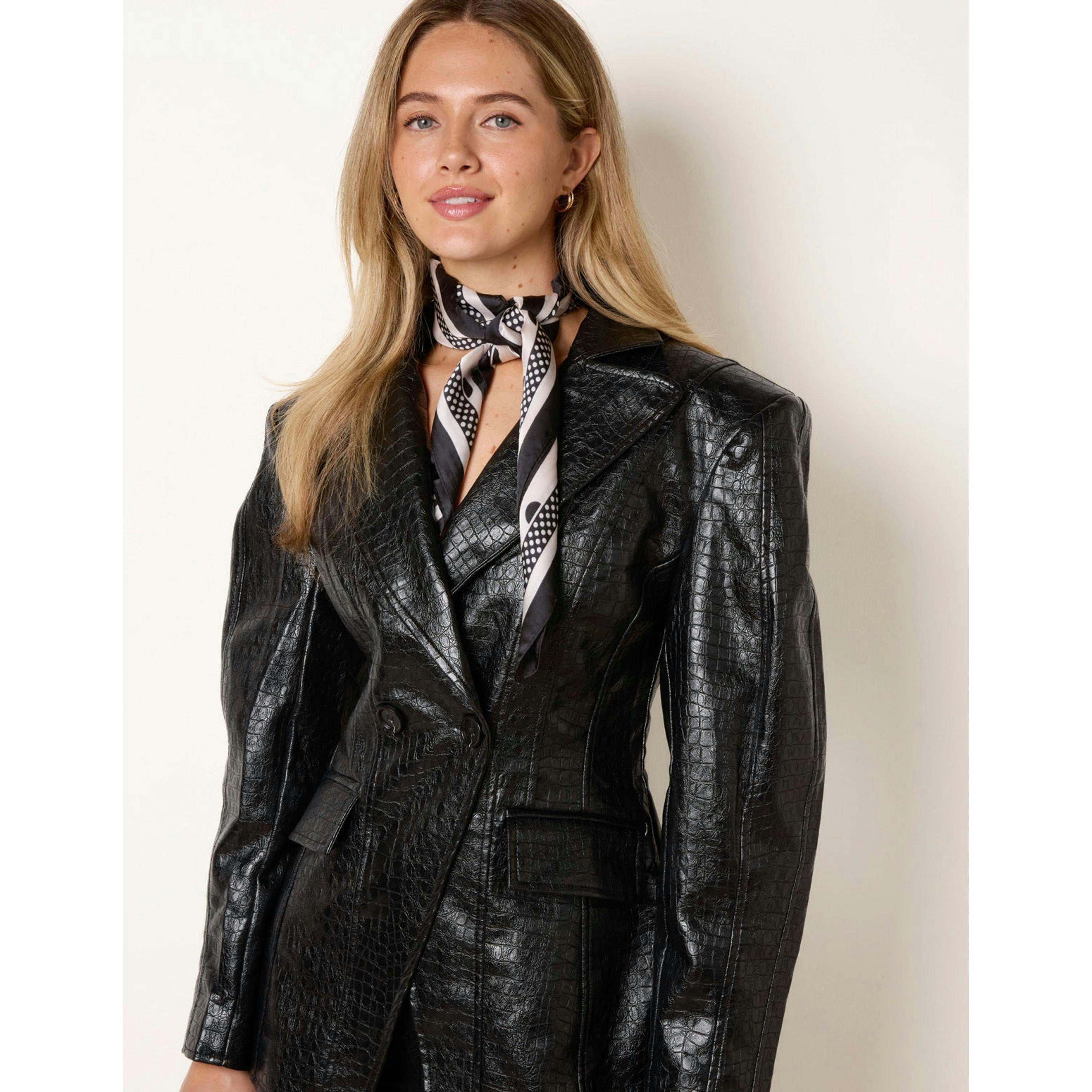 Blue Vanilla PU Leather Croc Shoulder Pad Blazer  in Black , view 3 of 4
