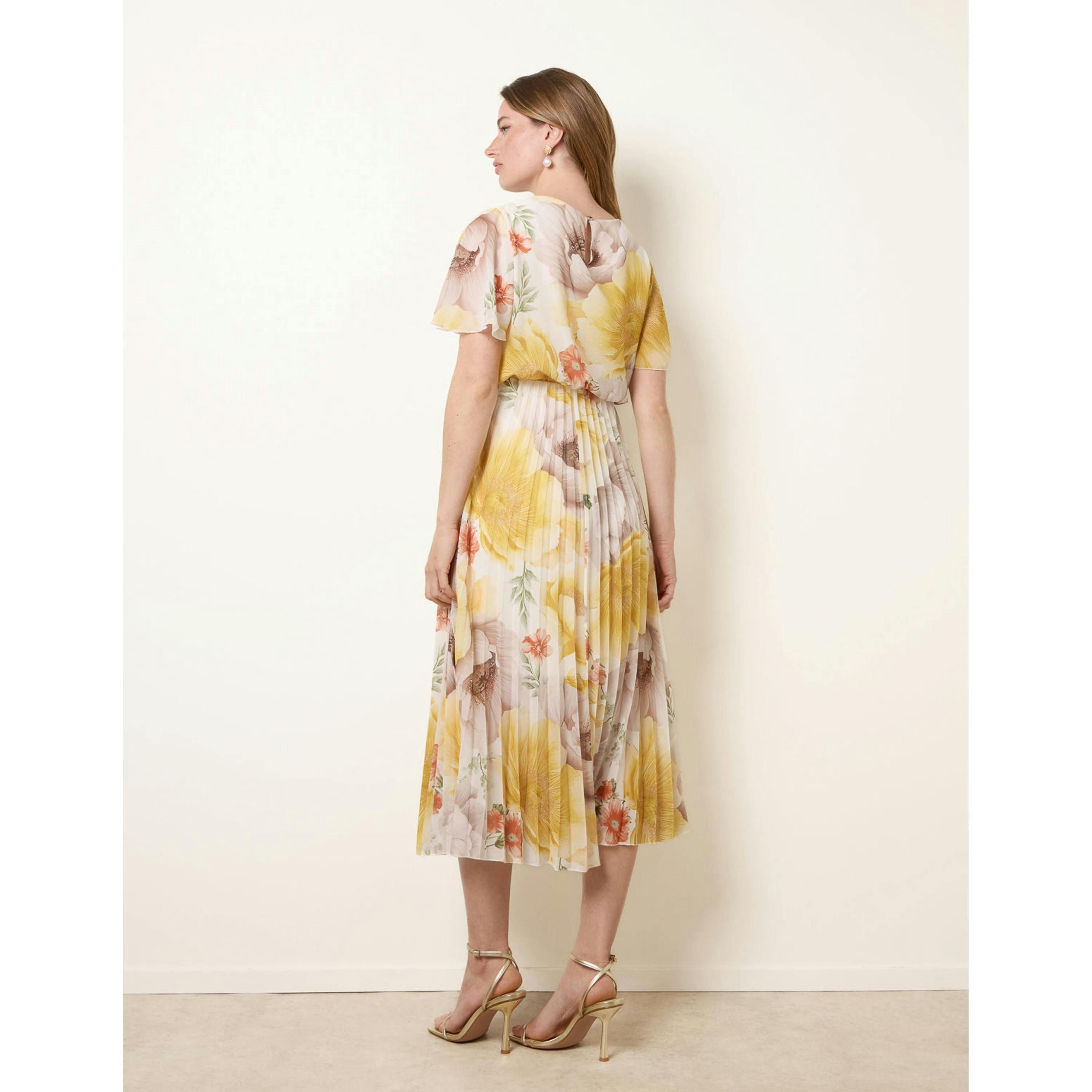 Blue Vanilla Pleated Scoop Neck Short Sleeve Floral Dress  in Yellow , view 2 of 4
