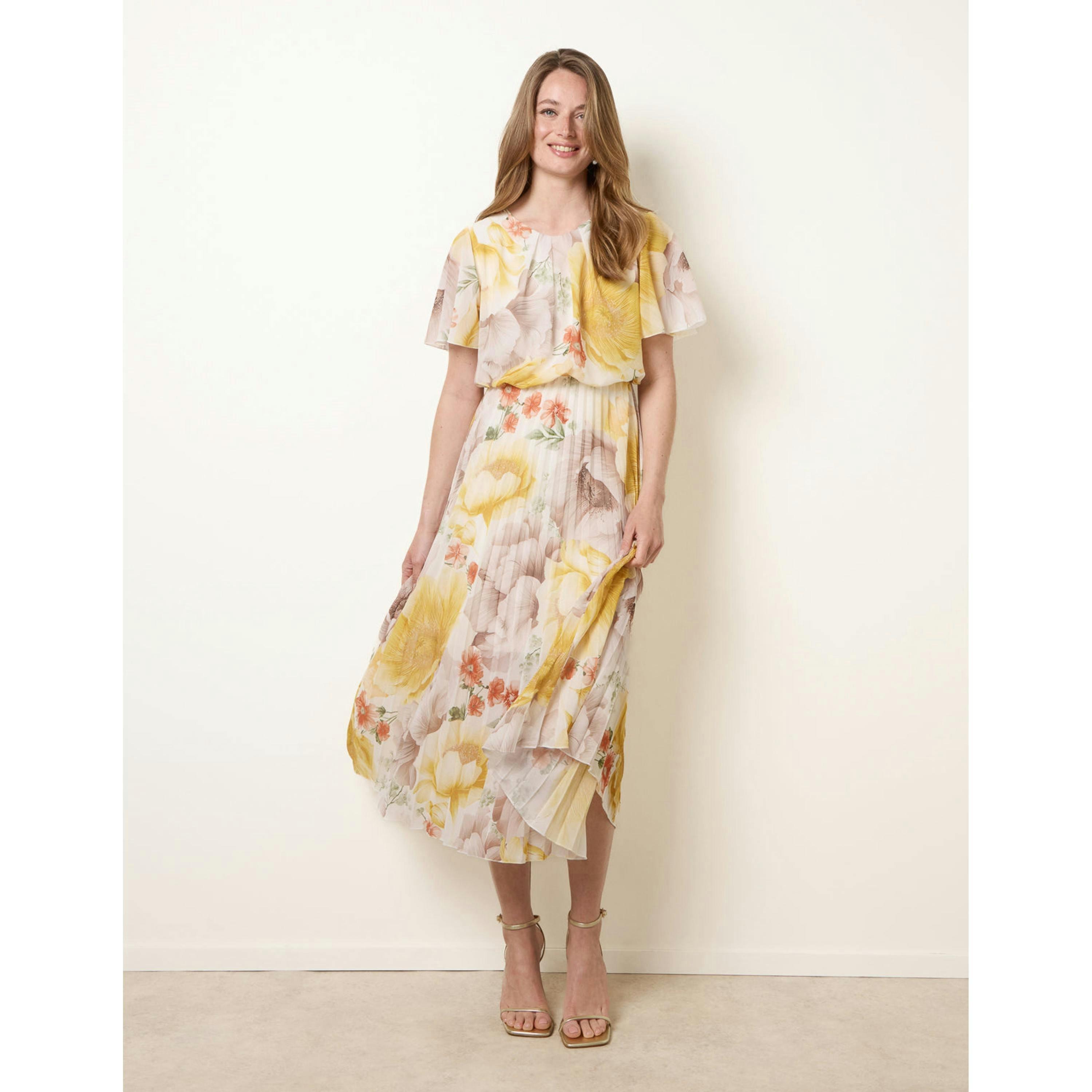 Blue Vanilla Pleated Scoop Neck Short Sleeve Floral Dress  in Yellow , view 3 of 4