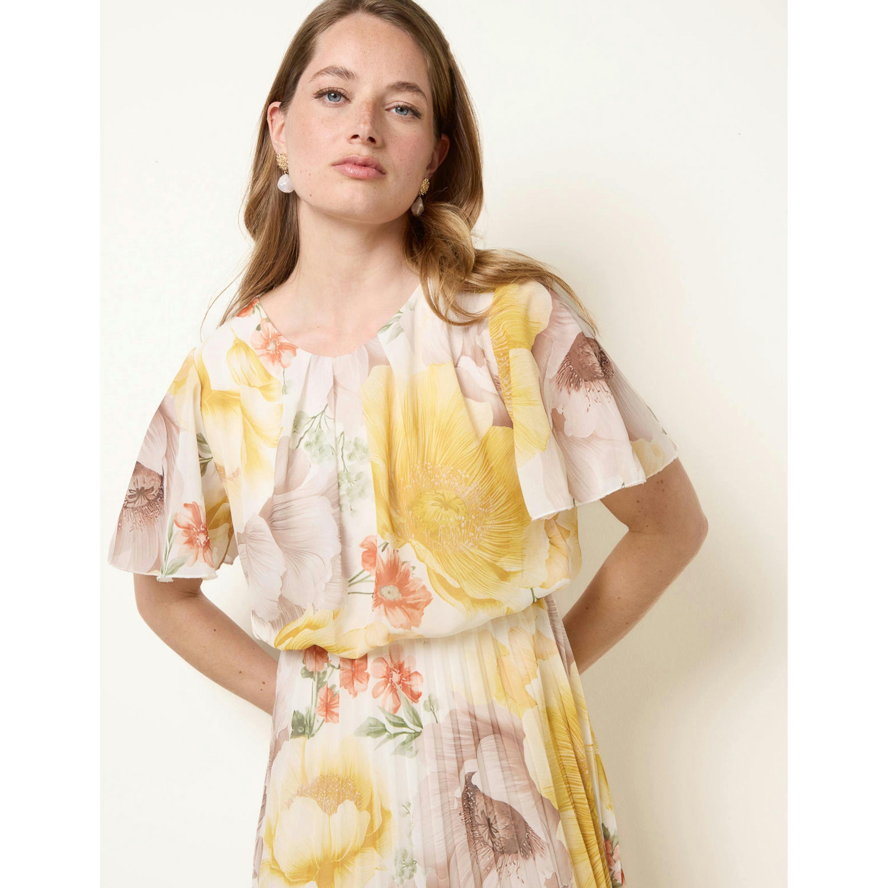 Blue Vanilla Pleated Scoop Neck Short Sleeve Floral Dress  in Yellow , view 4 of 4