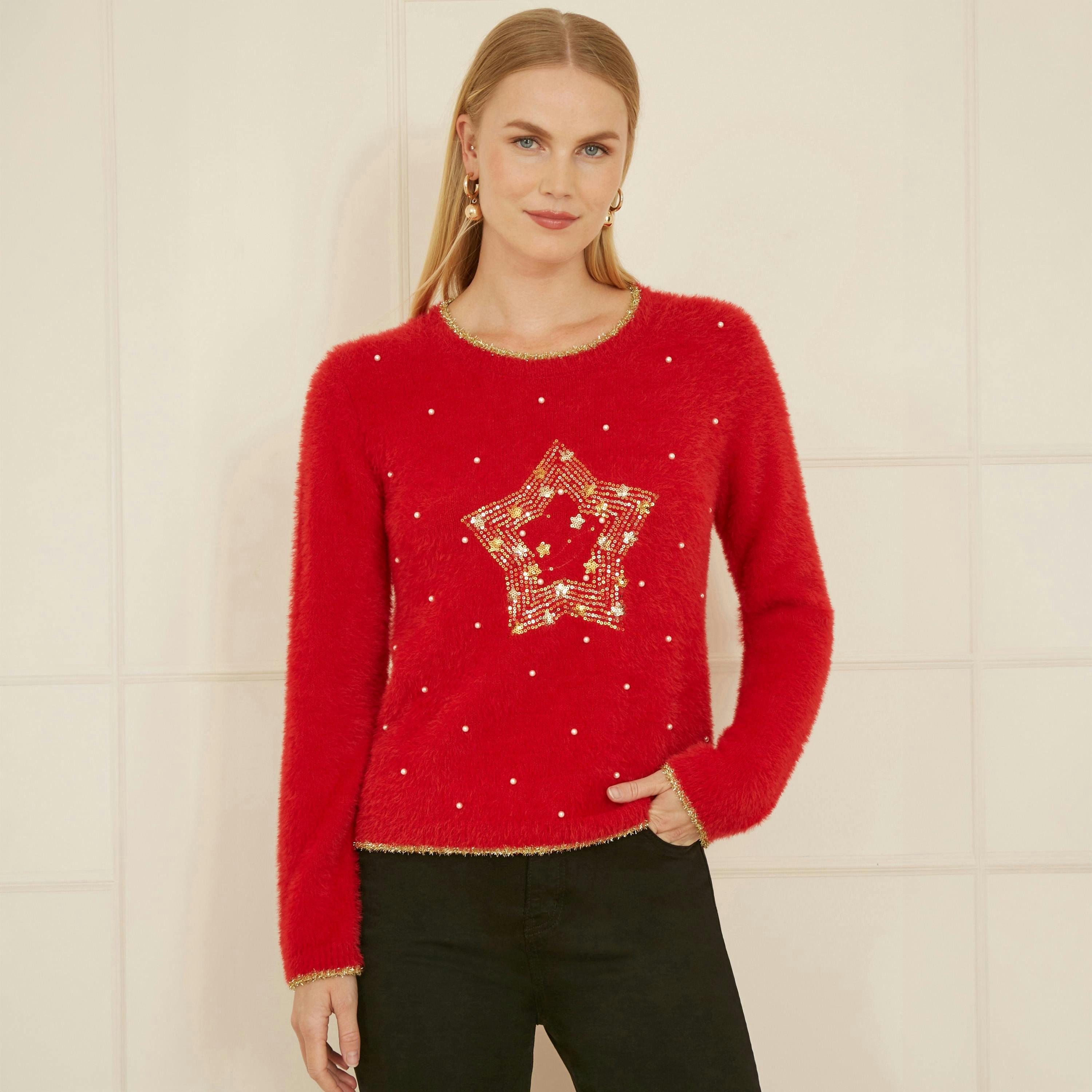 Yumi Red Knitted Fluffy Christmas Star Jumper , view 2 of 4
