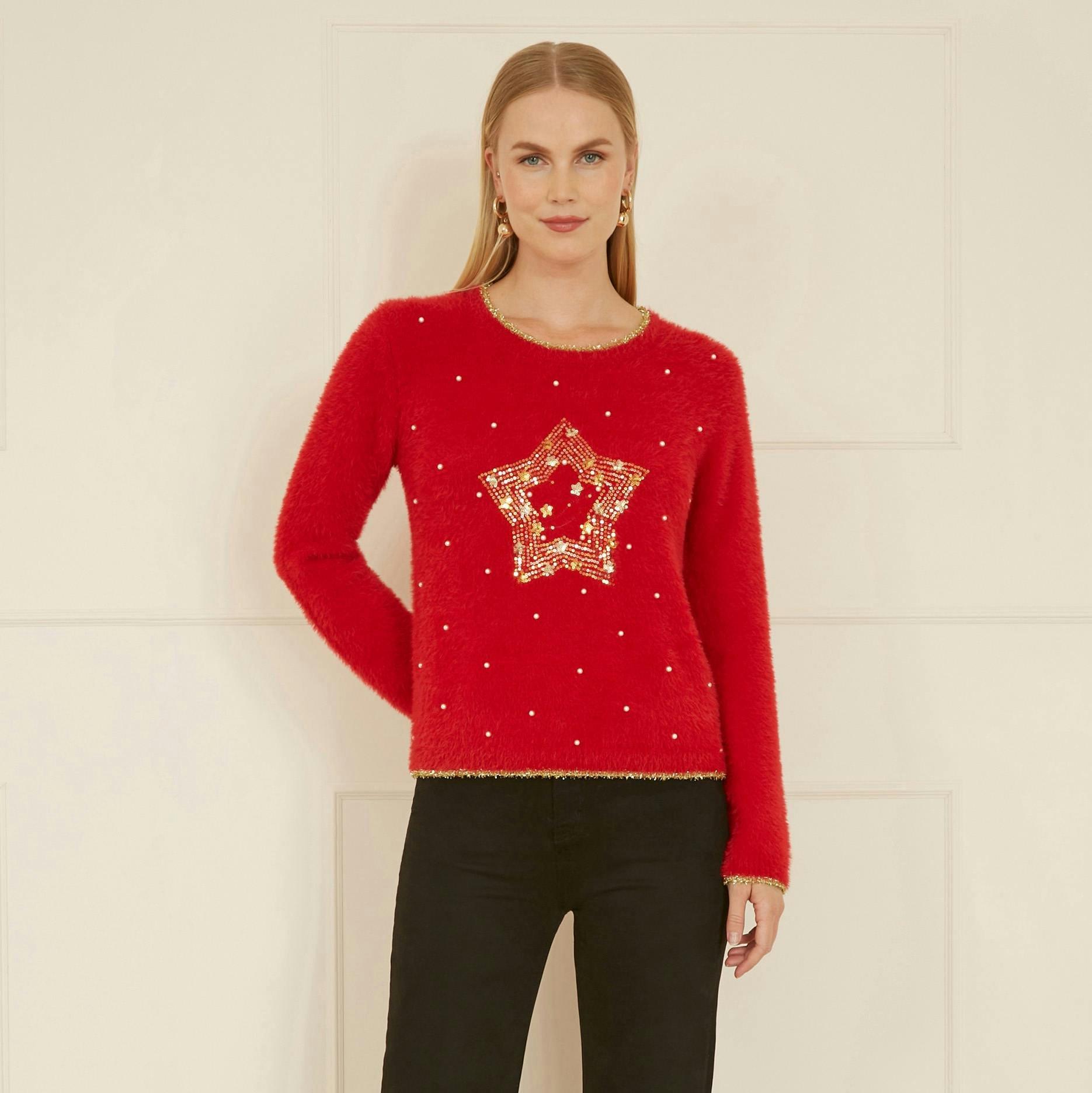Yumi Red Knitted Fluffy Christmas Star Jumper , view 3 of 4